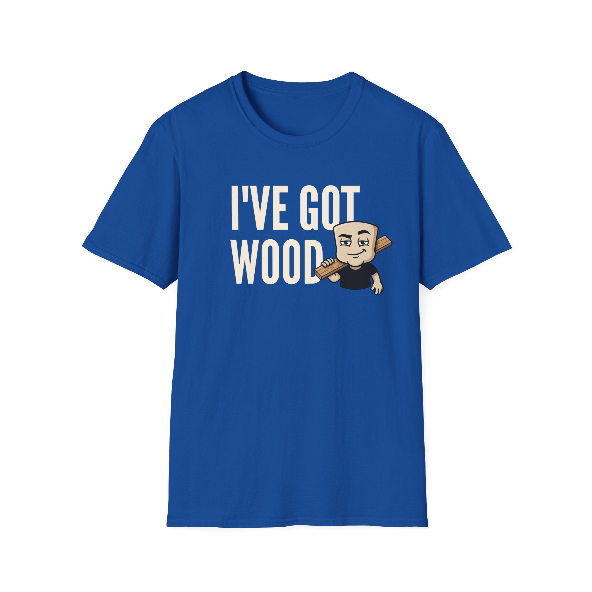 Royal blue T-shirt with 'I've Got Wood' graphic and cartoon carpenter holding wood