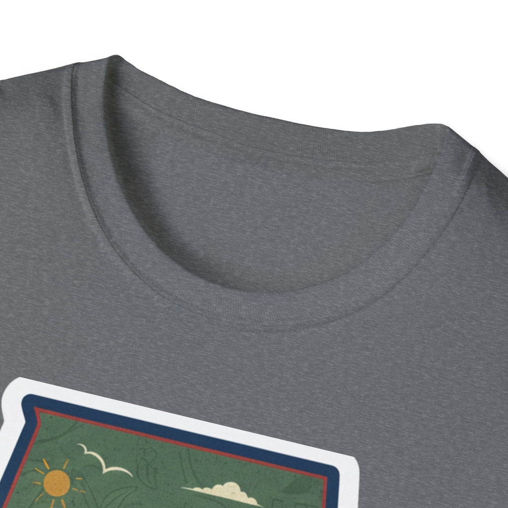 Heather gray T-shirt with crew neck and part of the Alabama landscape print