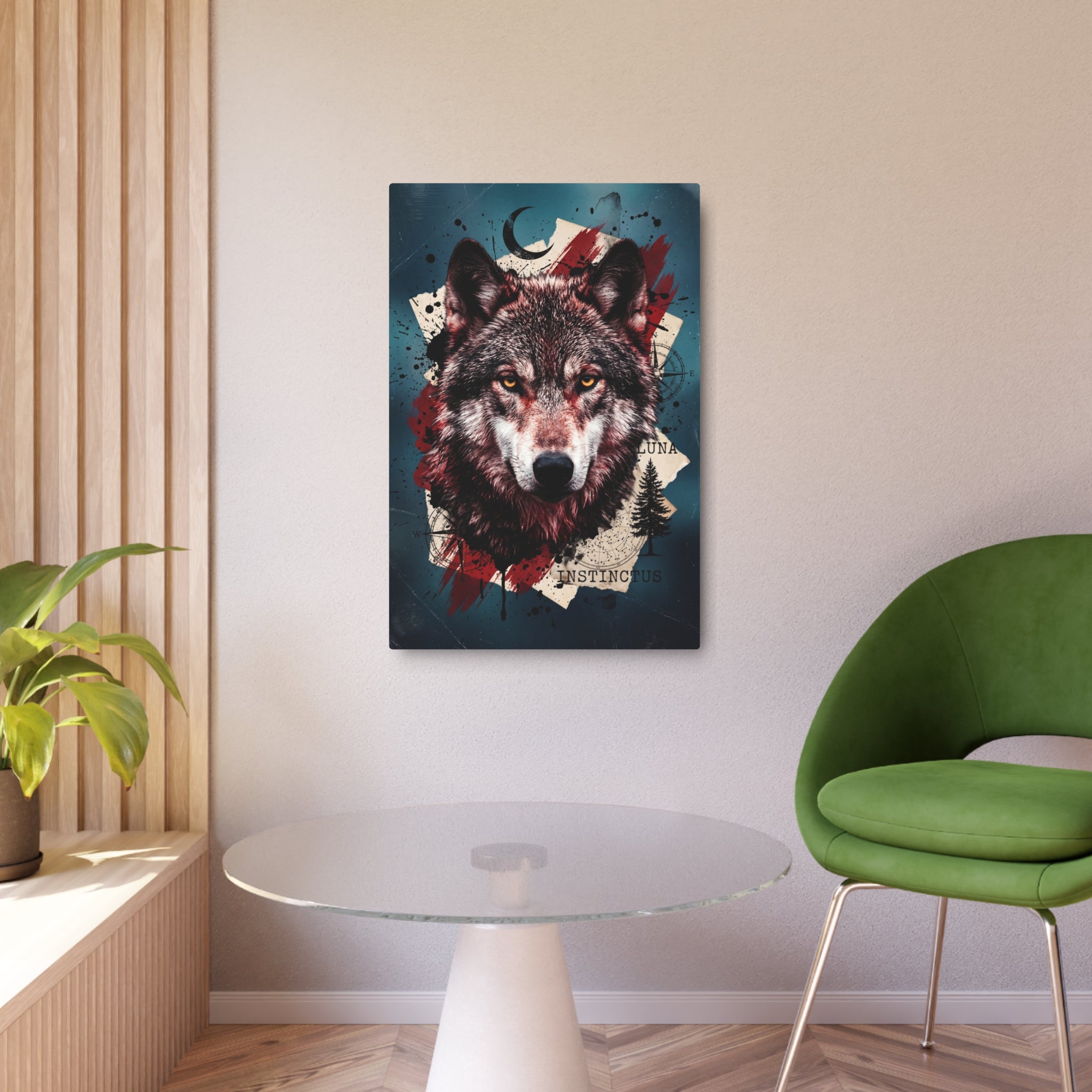 Wolf wall art print on wall above a round table; dark teal, red, wolf face.