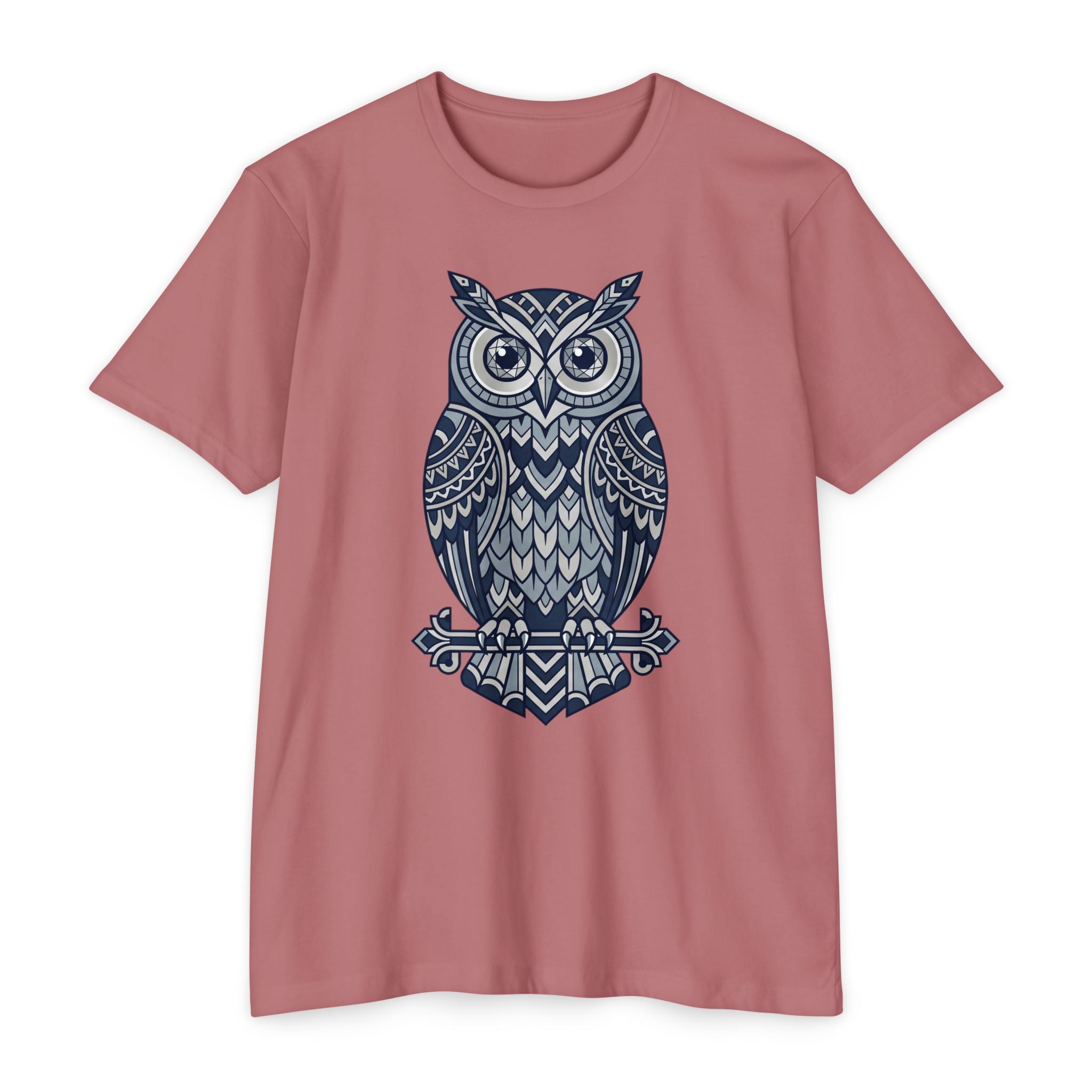 Graphic owl T-shirt, dusty rose crew neck short sleeves, blue owl graphic