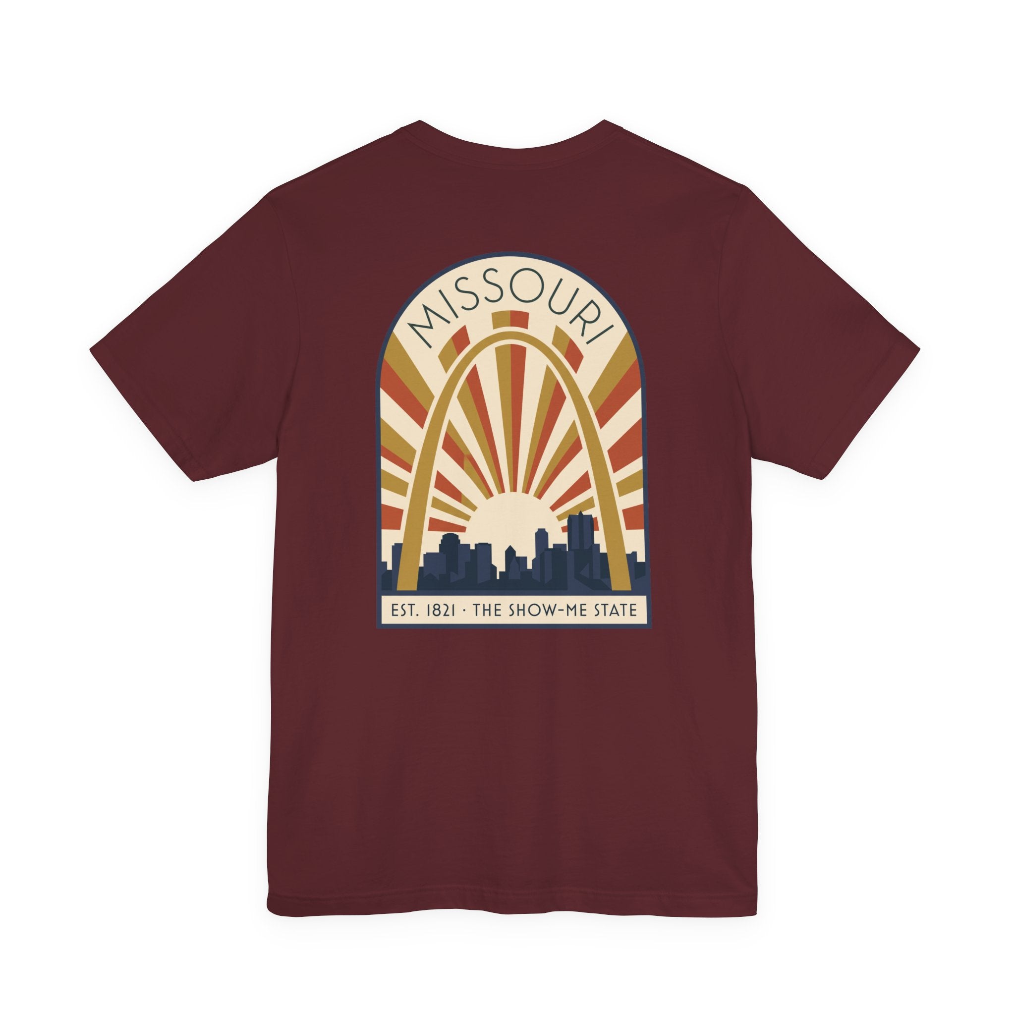 Maroon Missouri sunrise art deco T-shirt with arch skyline graphic and “MISSOURI” text.