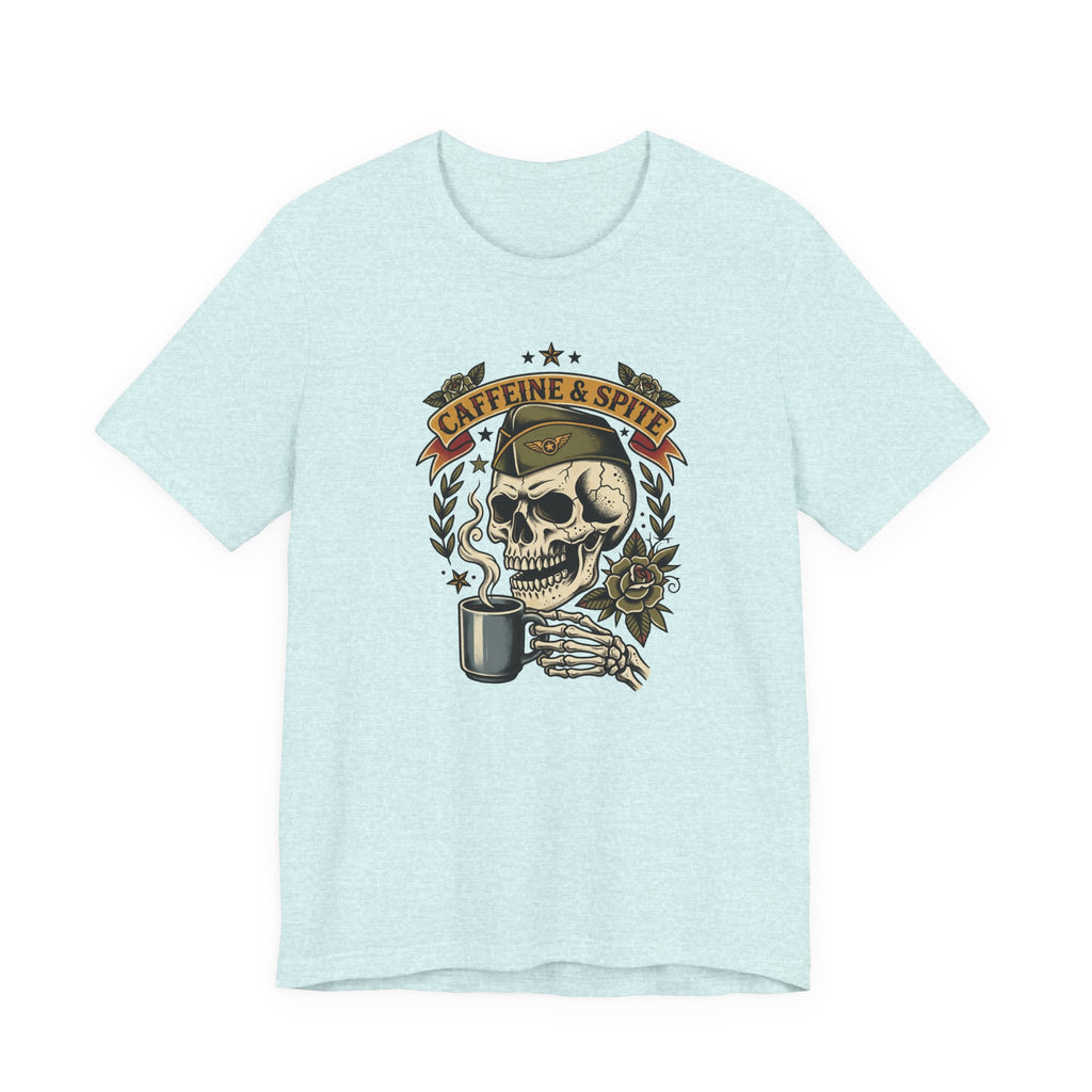 Light blue T-shirt with skull holding coffee mug graphic in green and gold