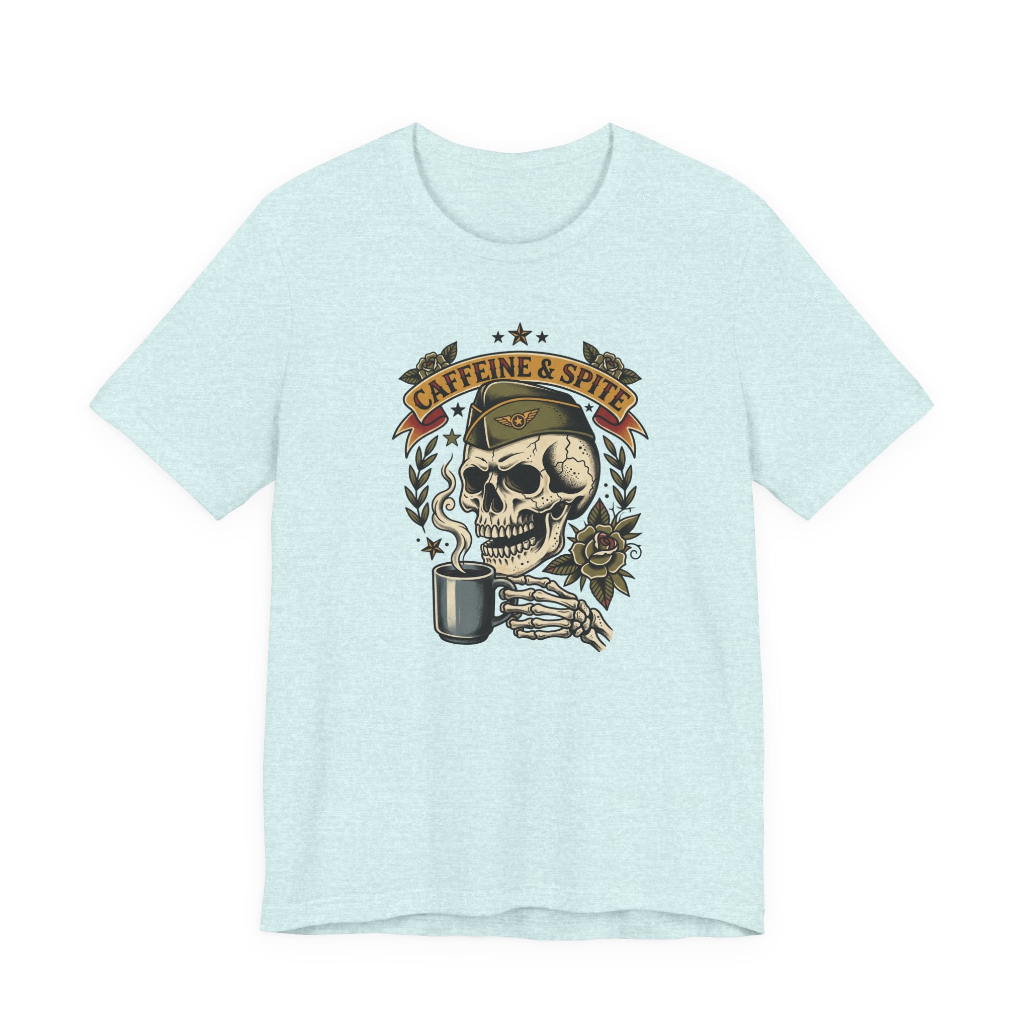 Light blue T-shirt with skull holding coffee mug graphic in green and gold