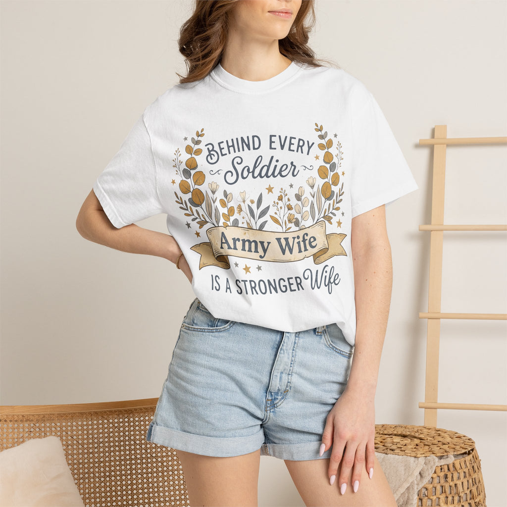 White T-shirt worn by model with floral wreath and 'Army Wife' text