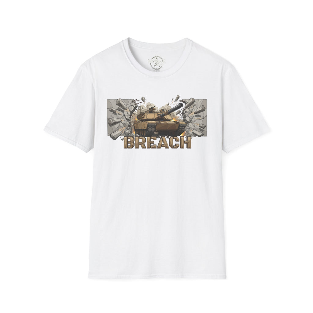 White BREACH tactical tank graphic T-shirt with “BREACH” lettering