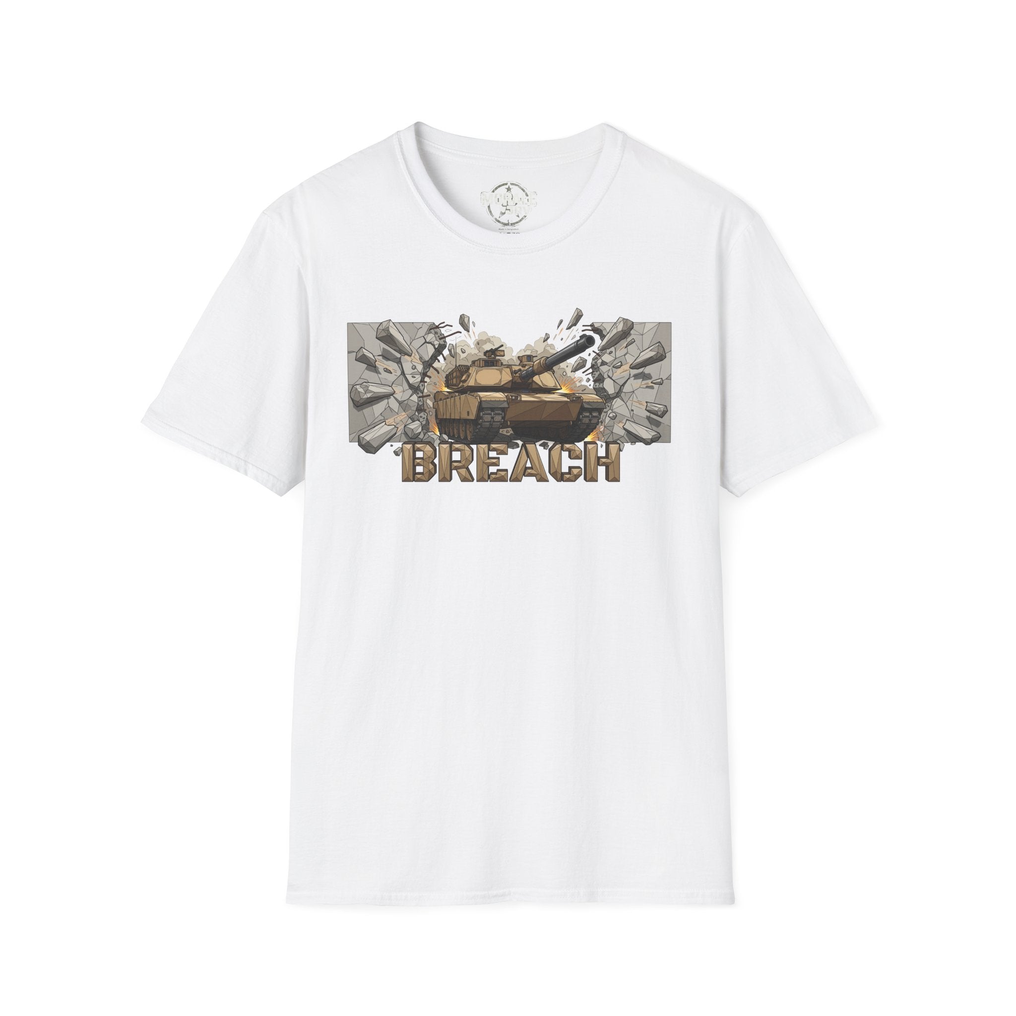 White BREACH tactical tank graphic T-shirt with “BREACH” lettering