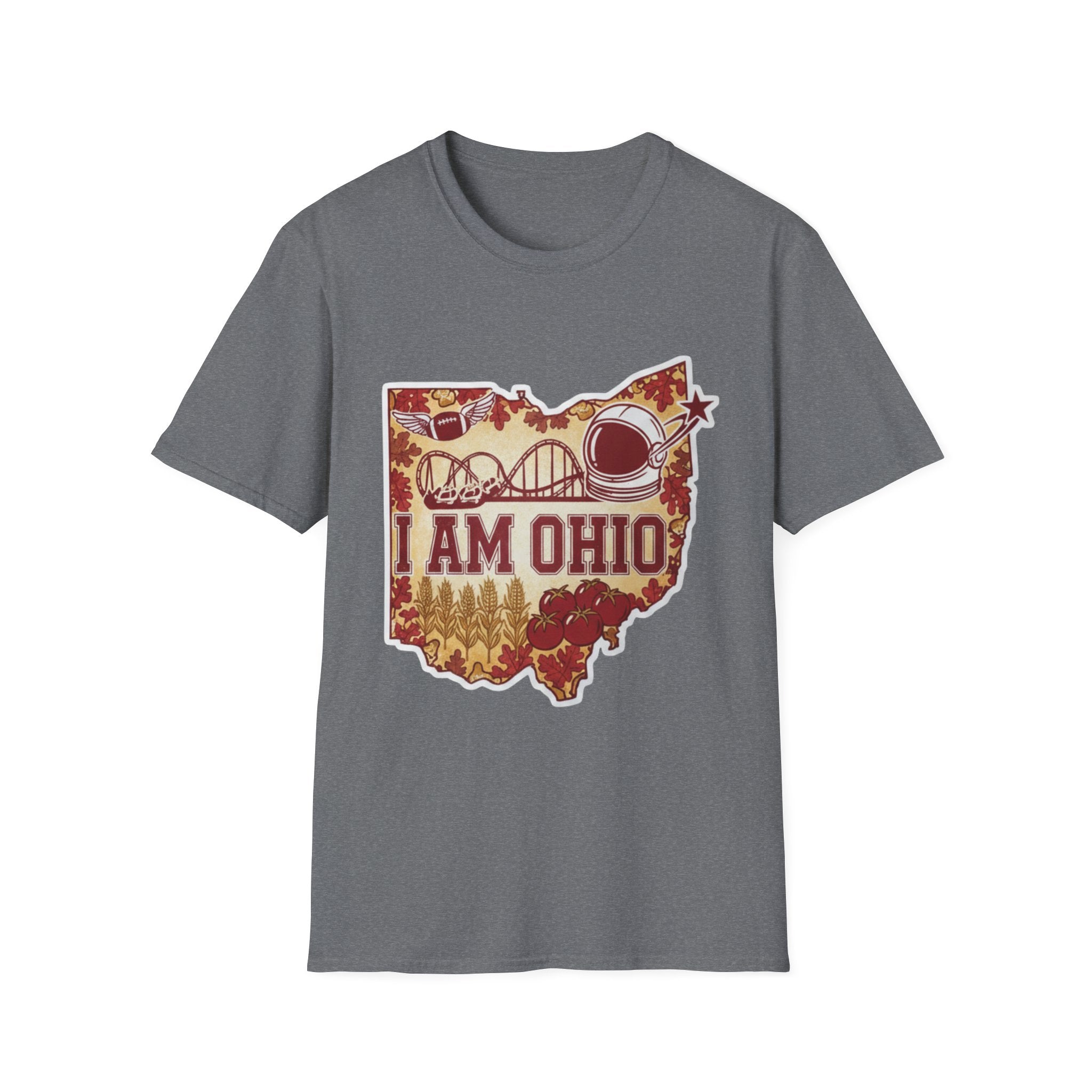 I Am Ohio T-Shirt, hellgraues Heather-Shirt mit „I AM OHIO“ Karten-Grafik
