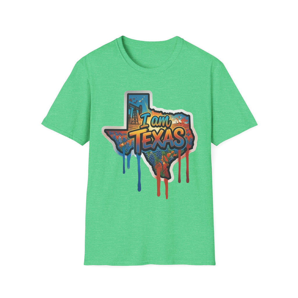 I Am Texas T-shirt (bright green) with graffiti state outline and skyline “I am Texas” print