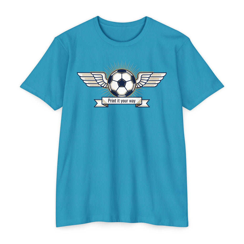 Light blue soccer T-shirt with winged ball emblem and banner graphic