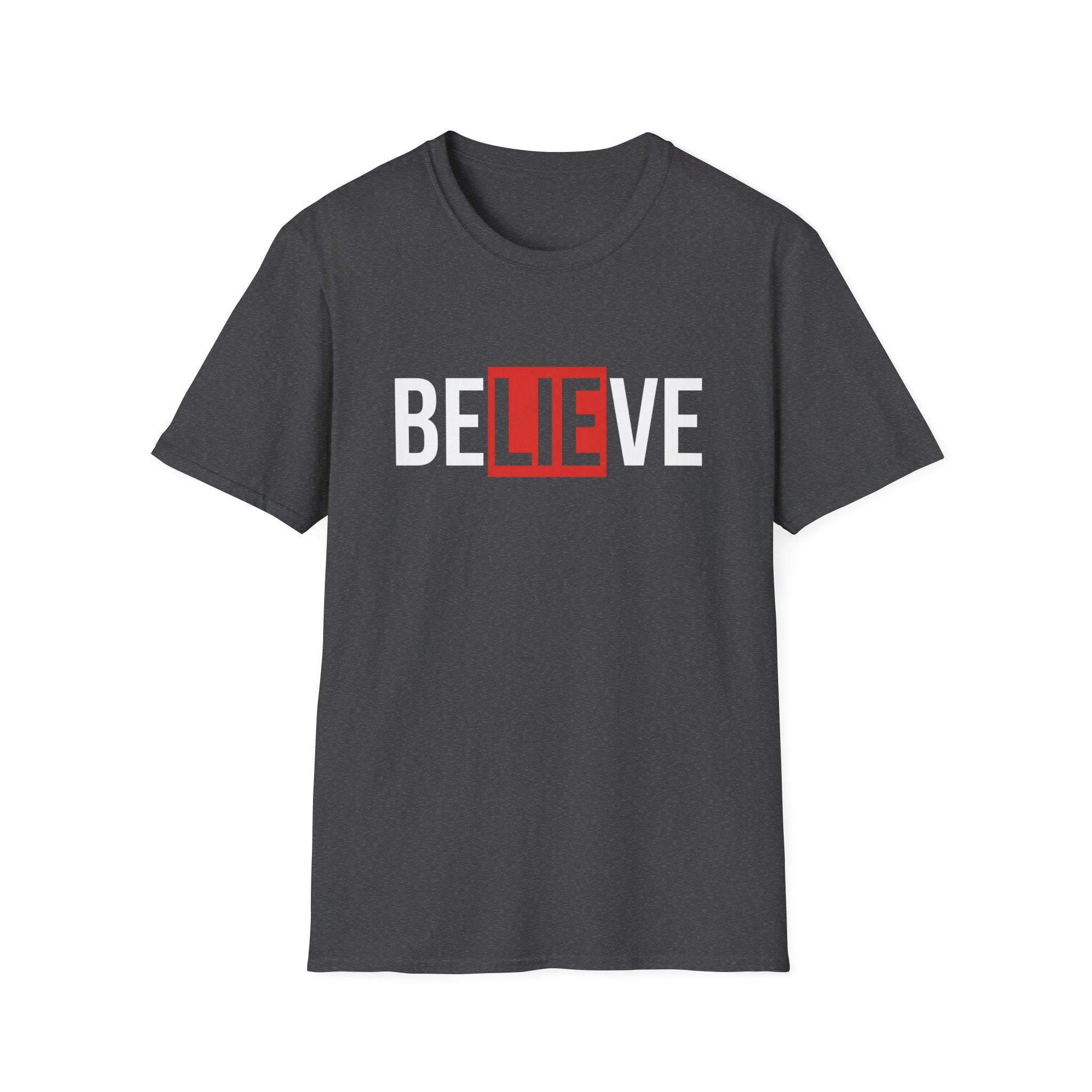 Dark heather statement tee featuring bold 'BELIEVE' text graphic in red and white