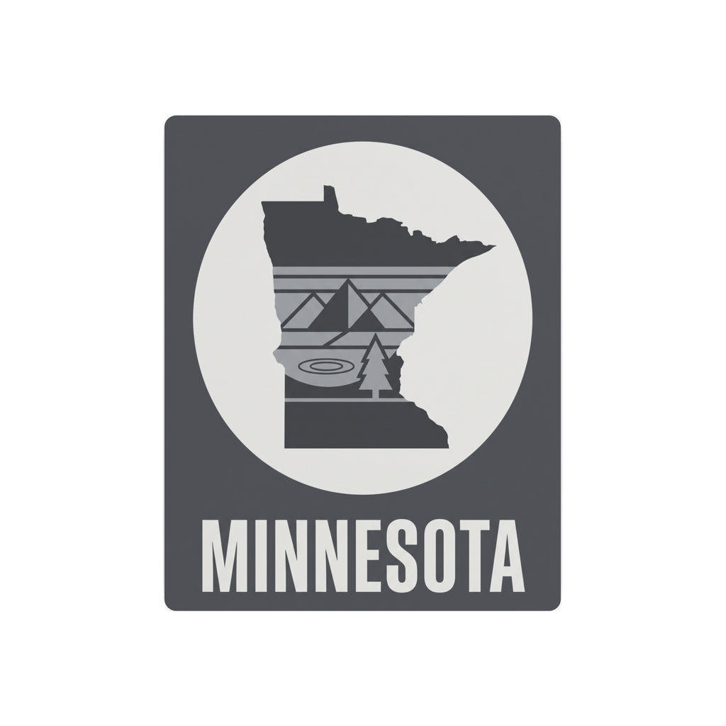 Minnesota metal silhouette wall sign, dark gray square with white circle and “MINNESOTA” lettering.