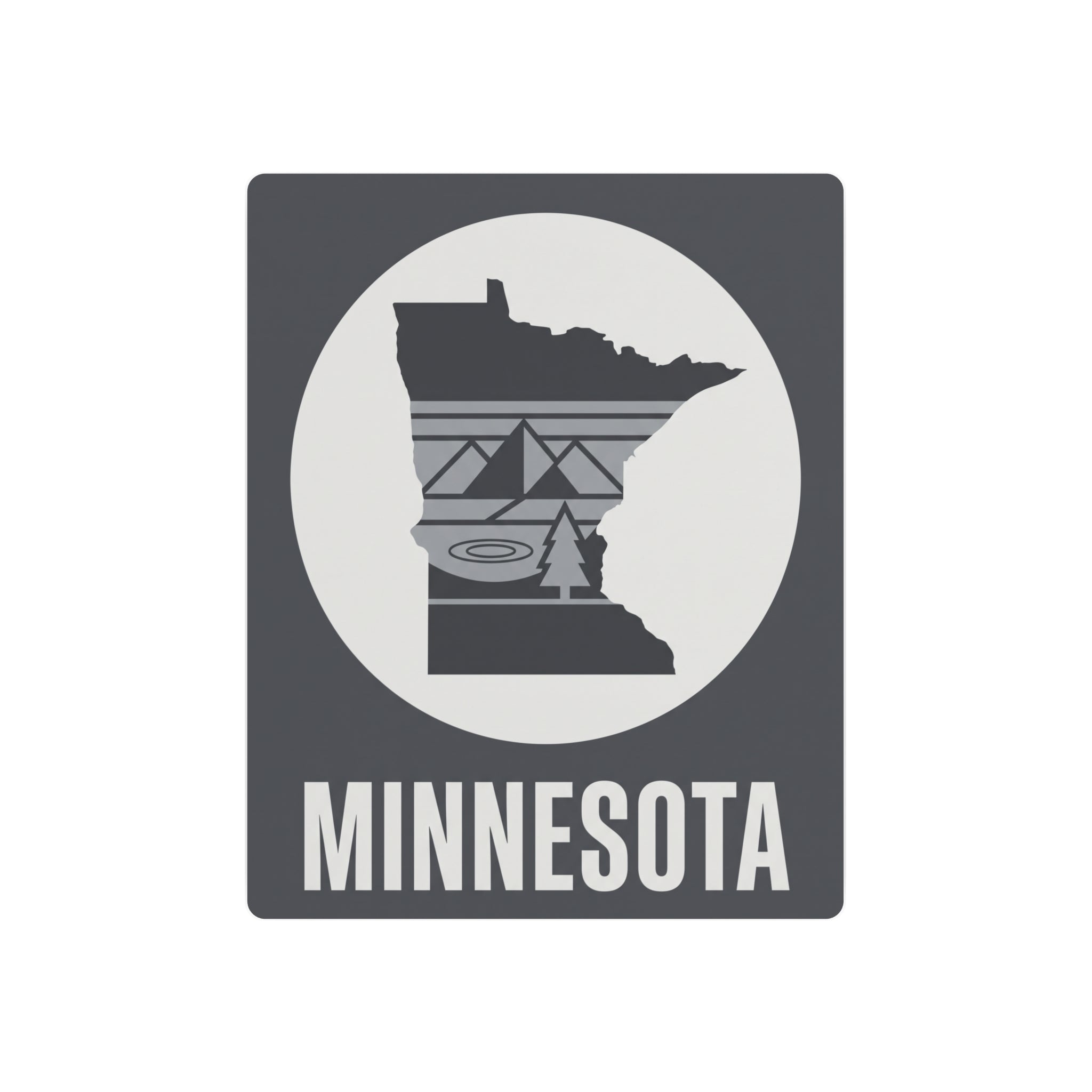 Minnesota metal silhouette wall sign, dark gray square with white circle and “MINNESOTA” lettering.