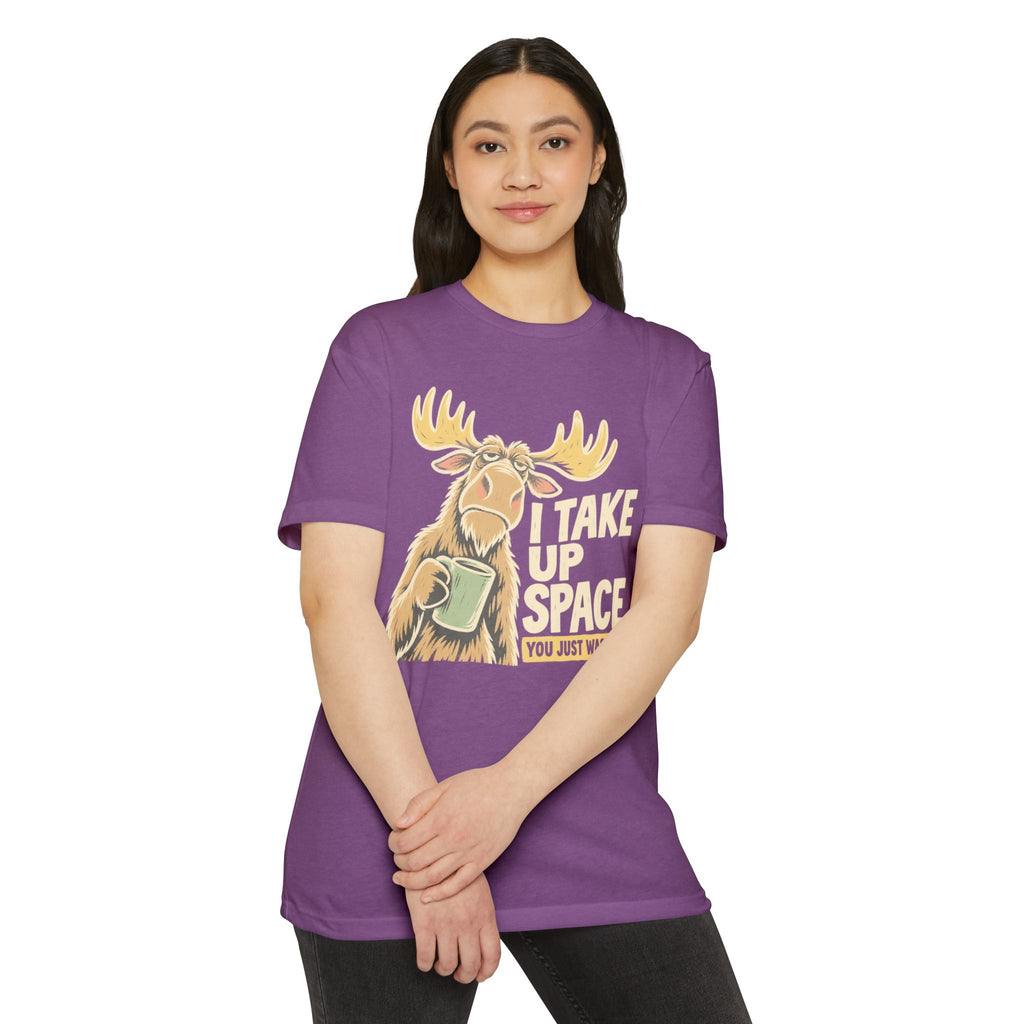 Purple moose graphic T-shirt with moose and “I Take Up Space” text