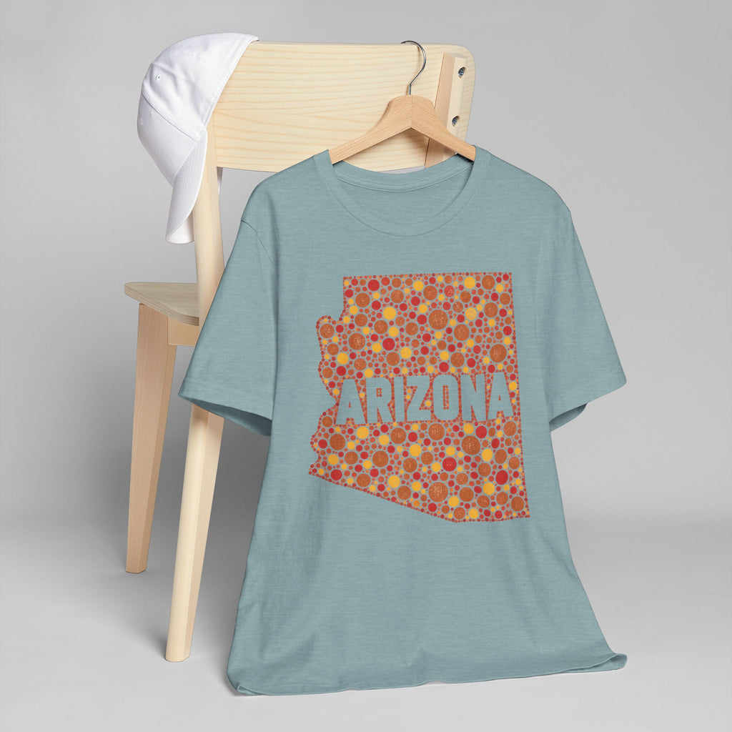 Teal crewneck short-sleeve T-shirt with orange Arizona graphic patch.