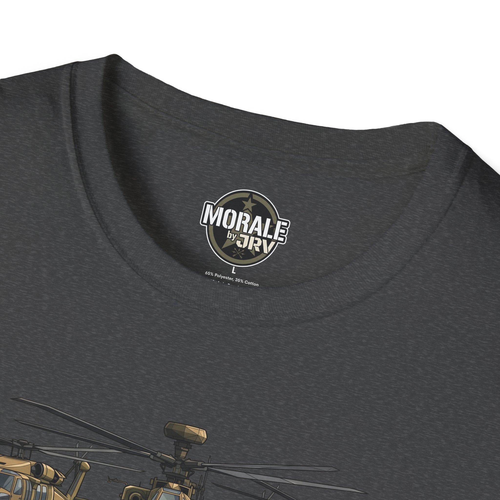Apache Attack Helicopter T-shirt, dark gray neck logo and partial helicopter graphic