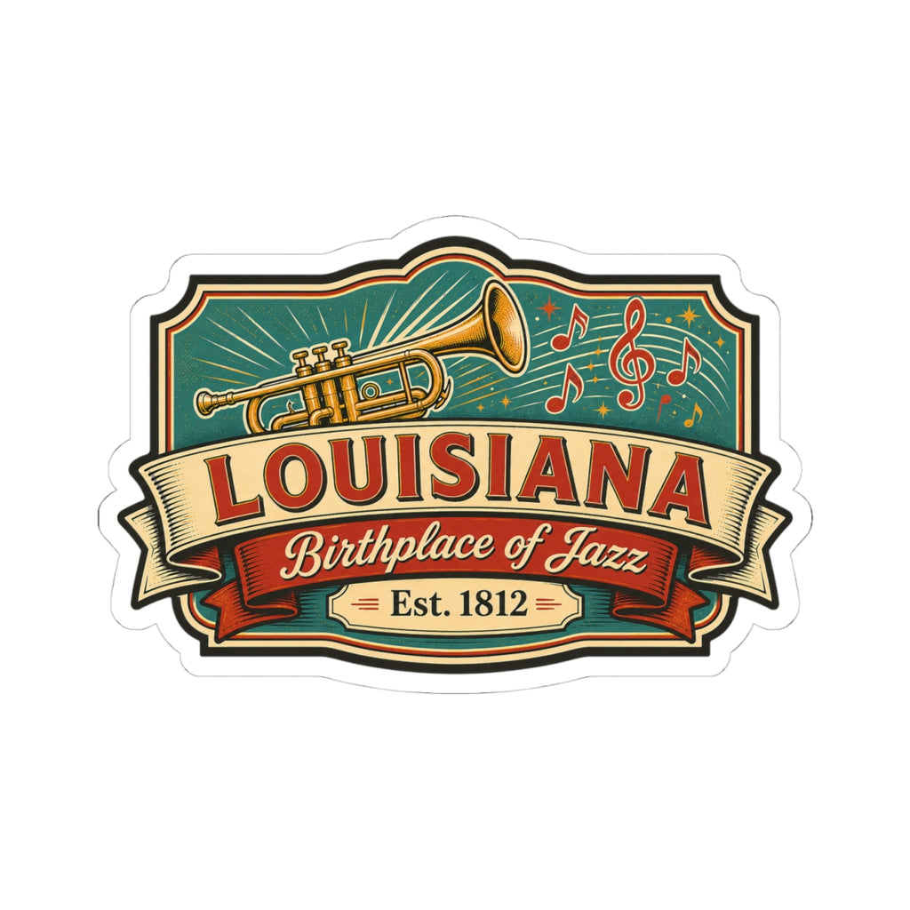 Die-cut Louisiana jazz sticker featuring trumpet, music notes, and “Est. 1812”