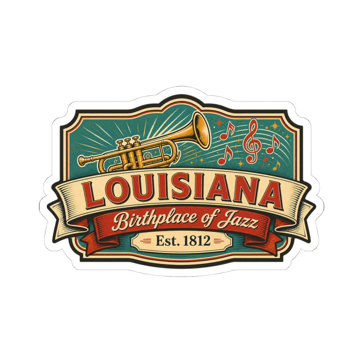 Die-cut Louisiana jazz sticker featuring trumpet, music notes, and “Est. 1812”