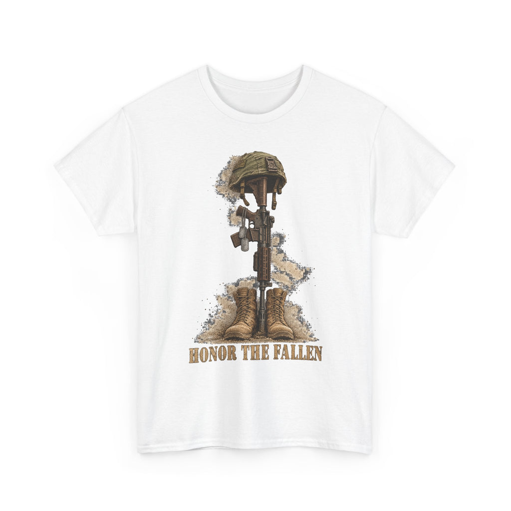 White crew-neck T-shirt with fallen soldier helmet, rifle, boots graphic and “HONOR THE FALLEN”