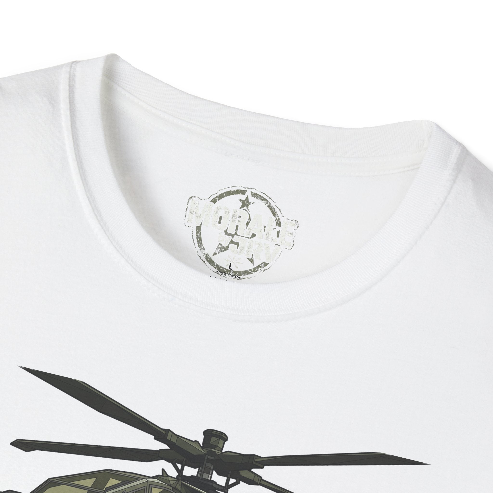 AH-64 Apache T-shirt (white) close-up of neck logo and graphic