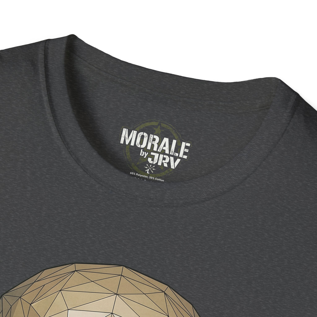 Dark heather T-shirt neckline with “MORALE by TRV” tag and top of skull graphic
