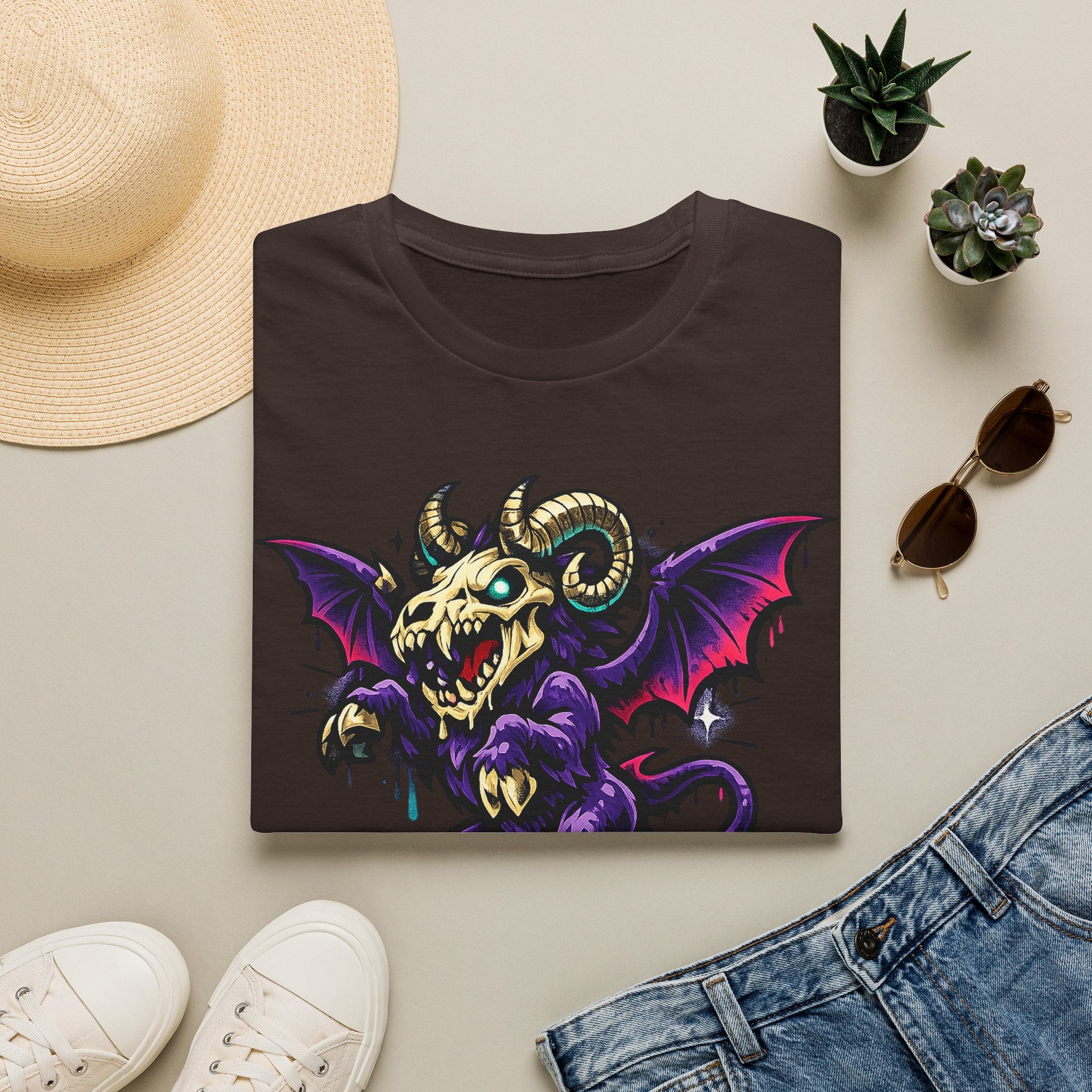 Dark brown gothic monster T-shirt with purple bat-skull ram creature graphic