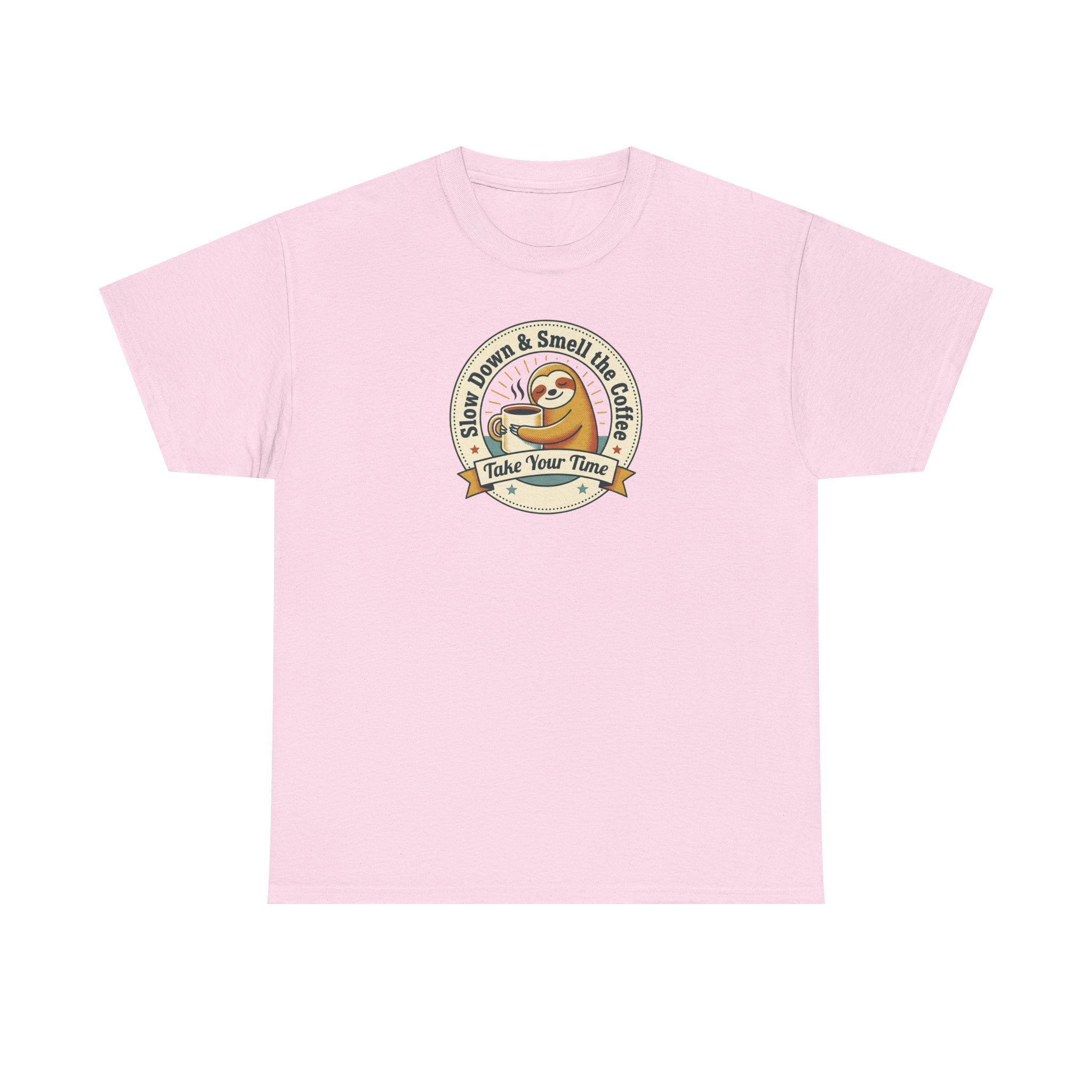 Light pink sloth graphic T-shirt with circular Take Your Time badge print
