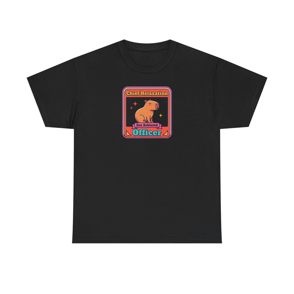 Black graphic T-shirt with capybara zen badge logo at center