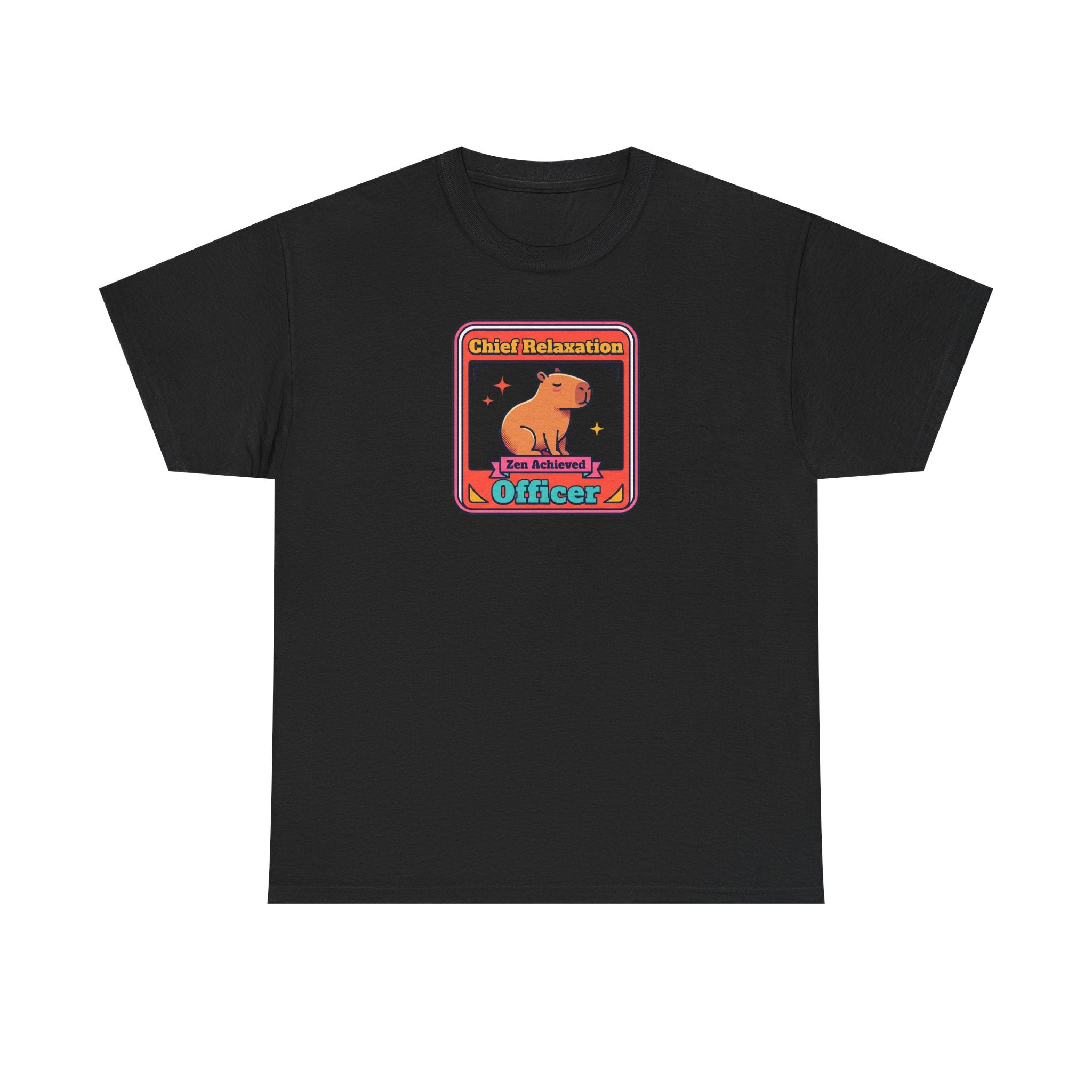 Black graphic T-shirt with capybara zen badge logo at center