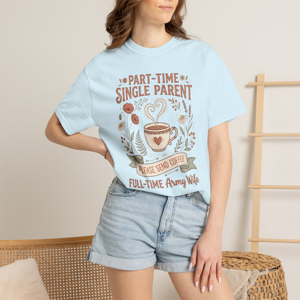 Light blue t-shirt worn by model; front says "Please Send Coffee" with floral coffee mug.