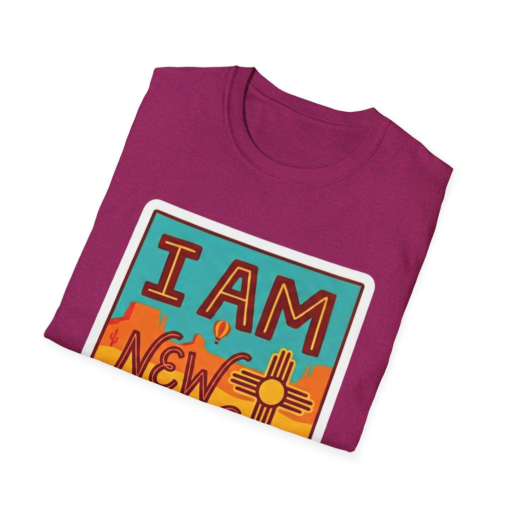 I Am New Mexico T-shirt in maroon with colorful state pride Zia graphic on front