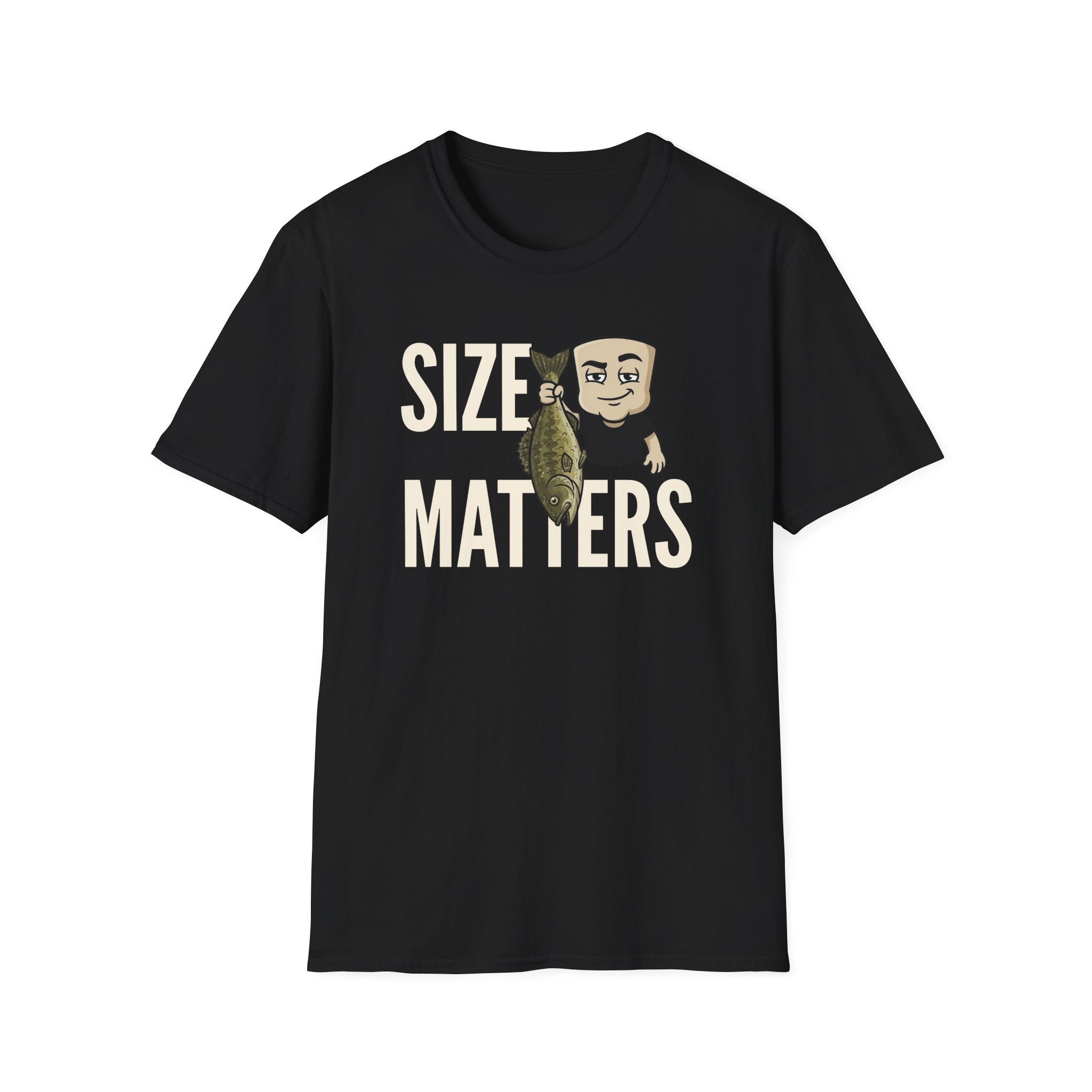 Black T-shirt with “SIZE MATTERS” graphic of a man holding a fish