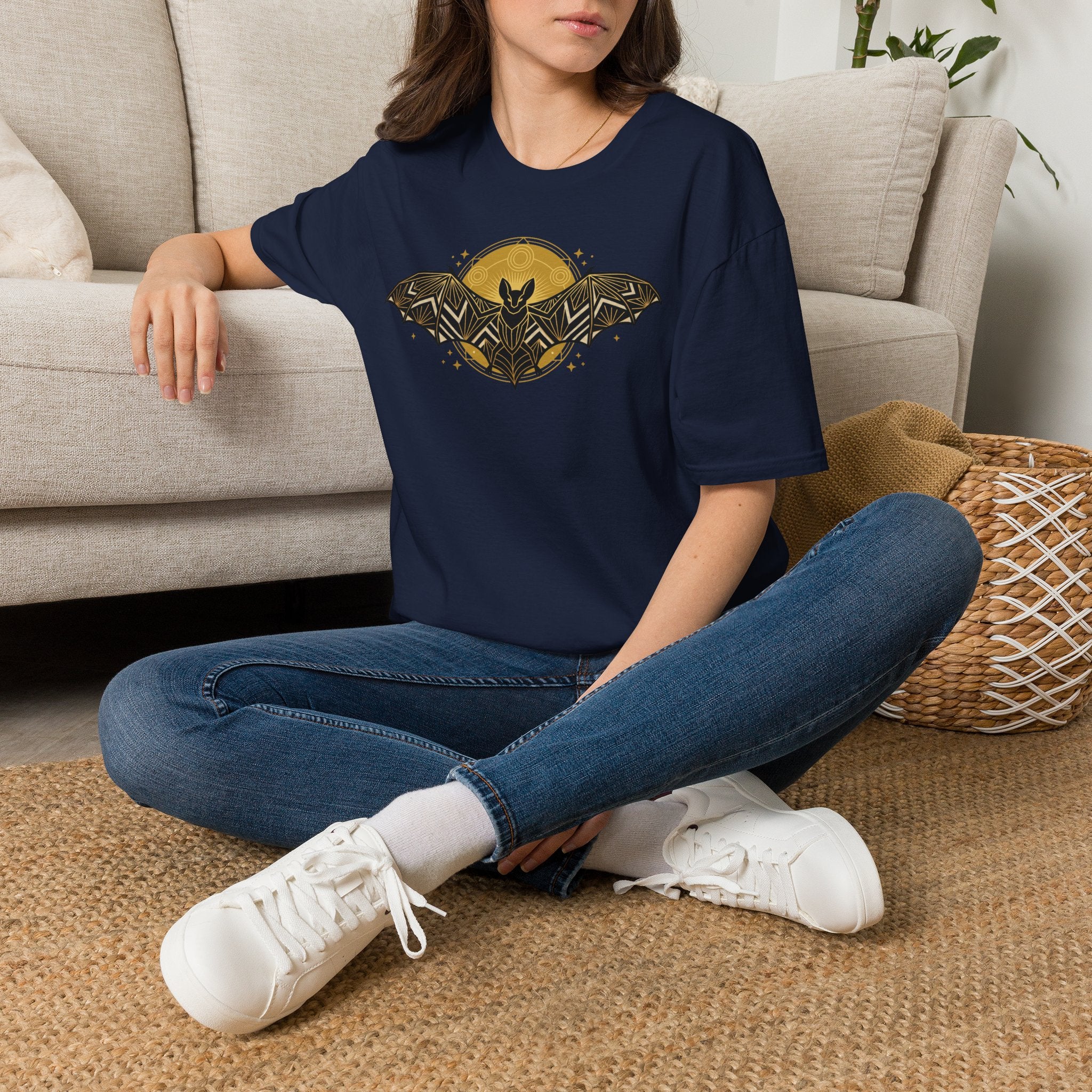 Navy bat T-shirt with yellow moon and geometric bat graphic