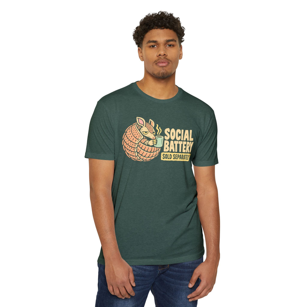 Forest green T-shirt with armadillo graphic and “SOCIAL BATTERY” text