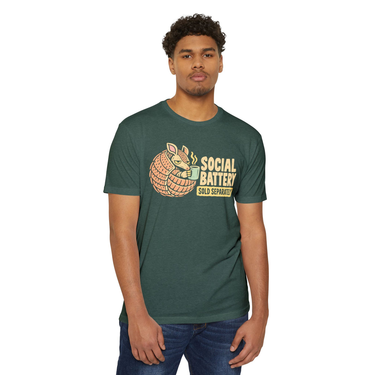 Forest green T-shirt with armadillo graphic and “SOCIAL BATTERY” text