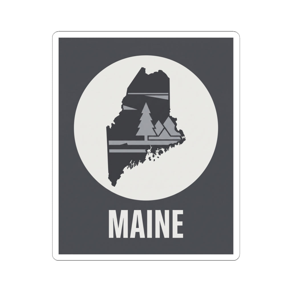 Rectangular Maine silhouette sticker with round cream emblem, pine tree map graphic, 'MAINE'.