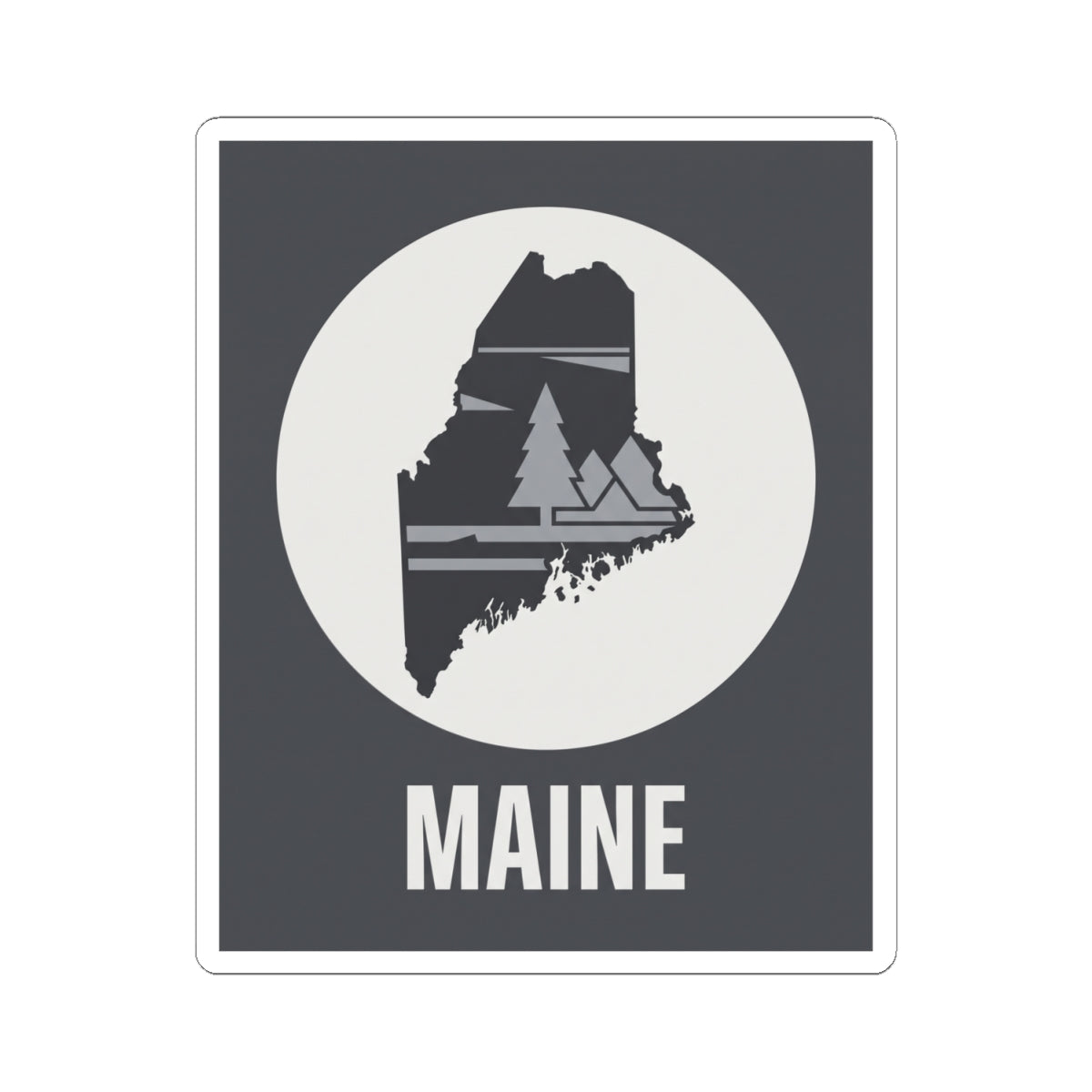 Rectangular Maine silhouette sticker with round cream emblem, pine tree map graphic, 'MAINE'.
