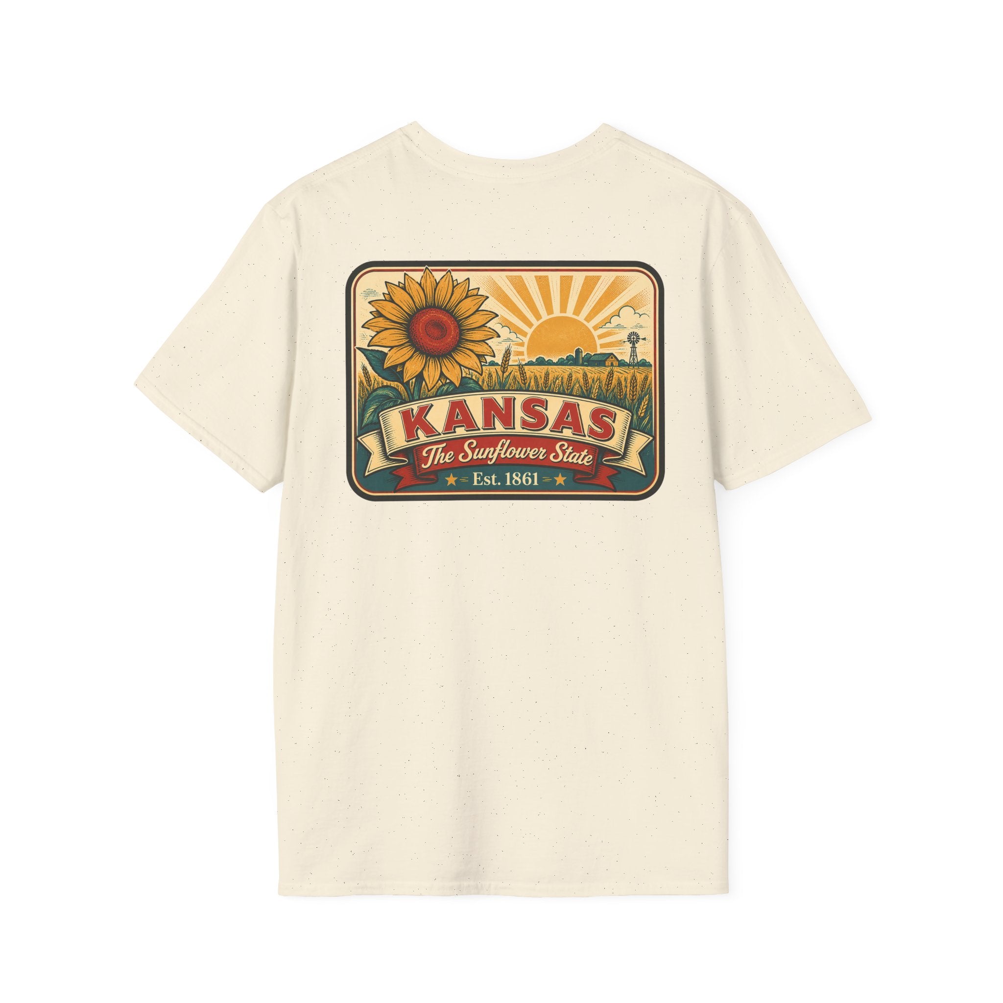 Kansas sunflower badge graphic T-shirt, cream, crew neck short sleeves