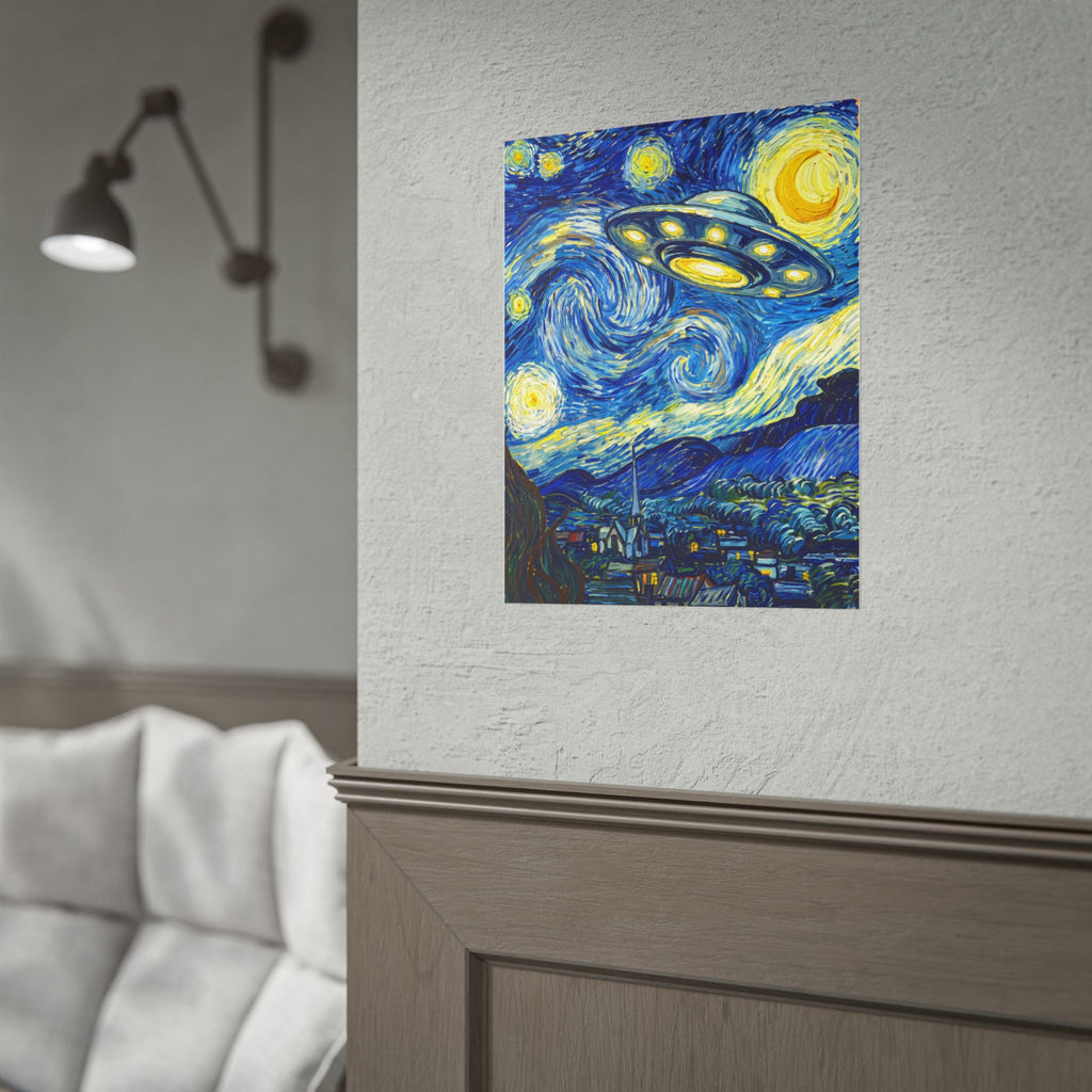 Small space art print on a wall showing a glowing UFO over swirling starry sky