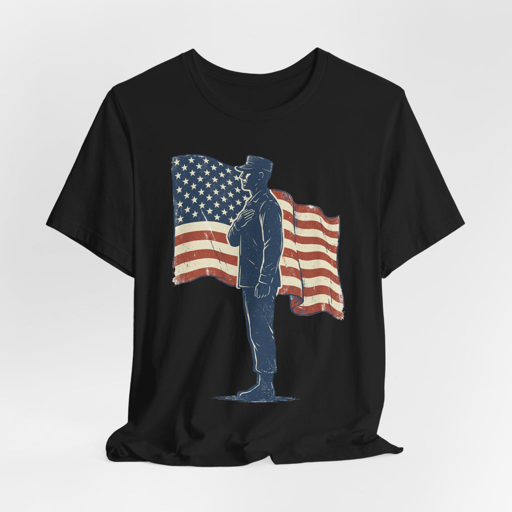 Black crewneck T-shirt with saluting soldier and American flag graphic