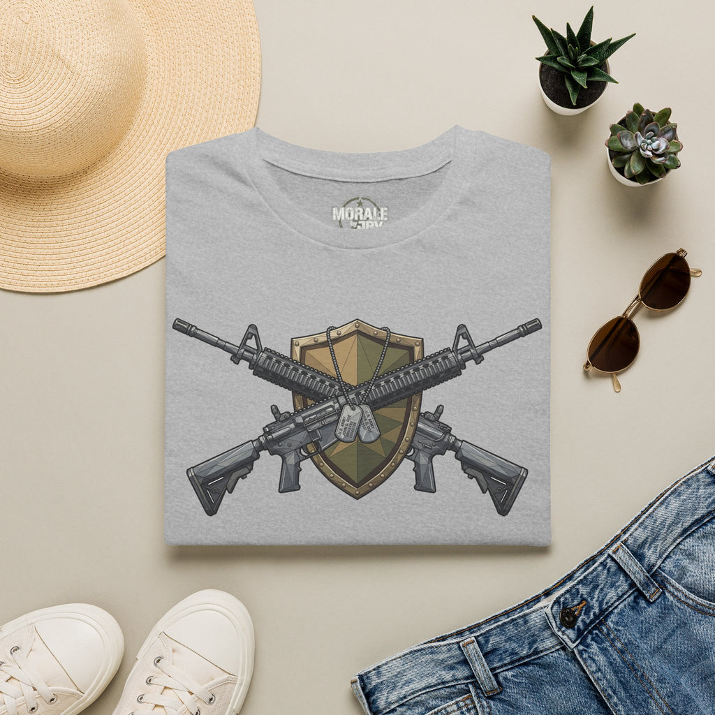 Light gray crew-neck T-shirt with crossed rifles and shield graphic on the front.