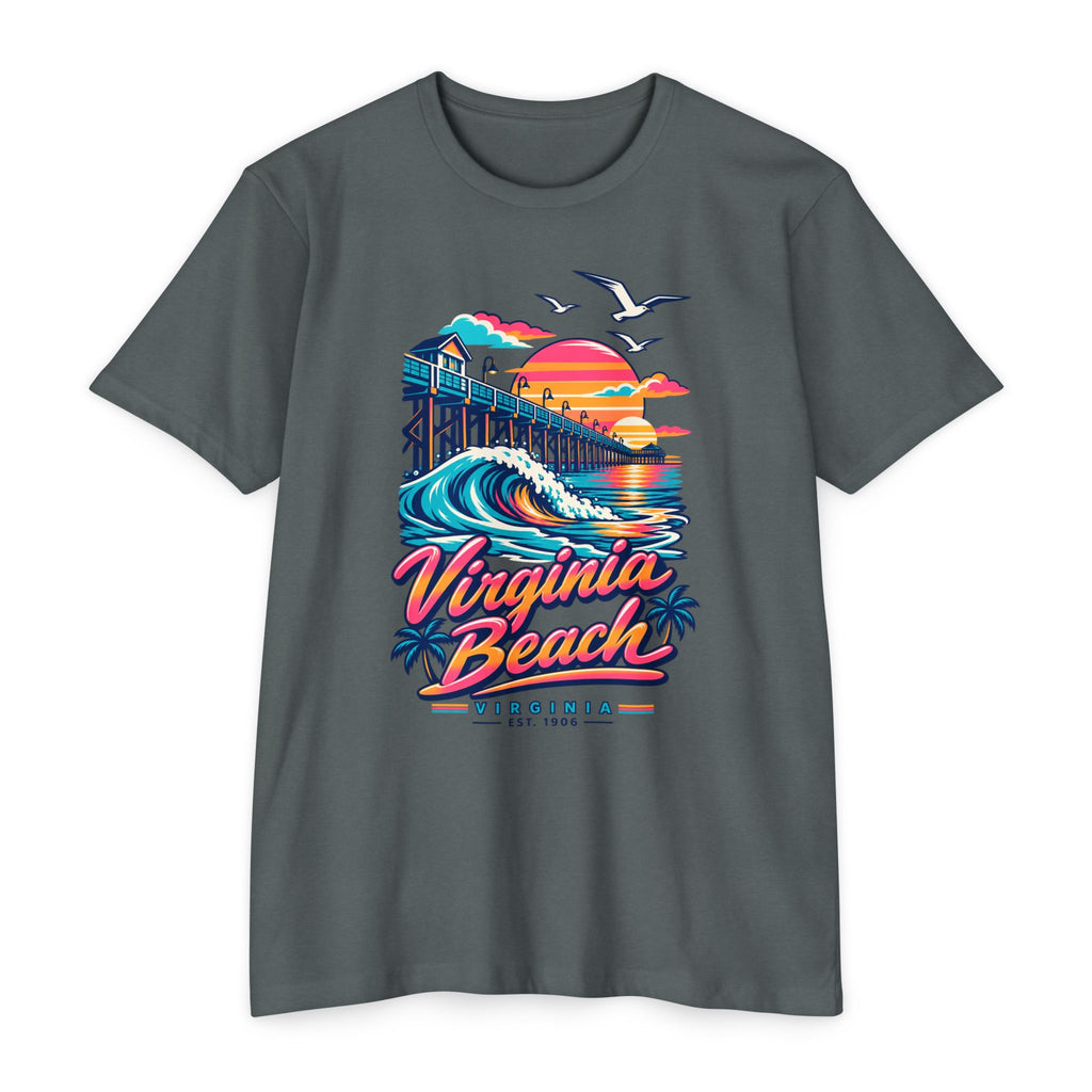 Charcoal t-shirt with retro beach pier wave and seagull graphic
