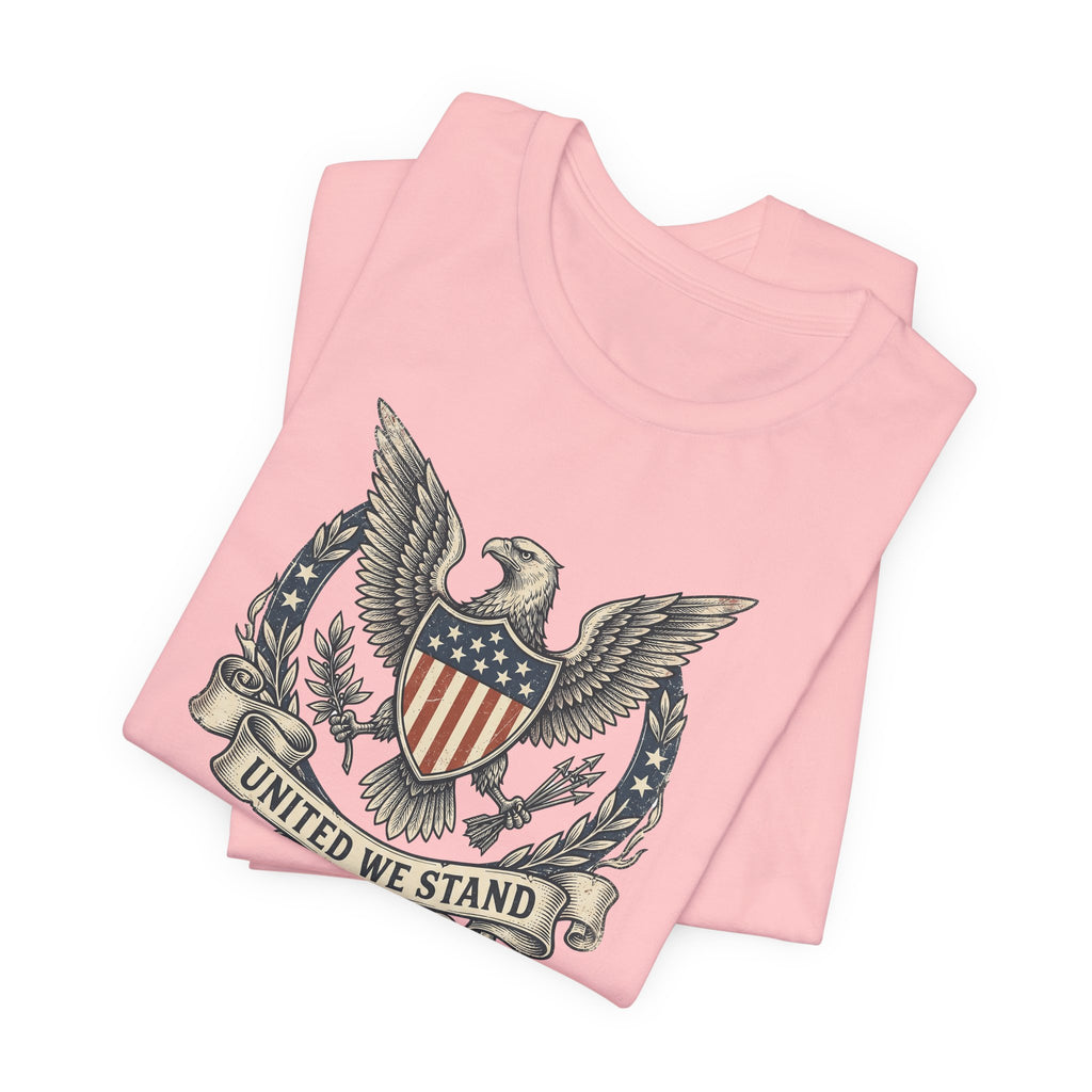 Light pink graphic T-shirt with eagle crest and “United We Stand” banner