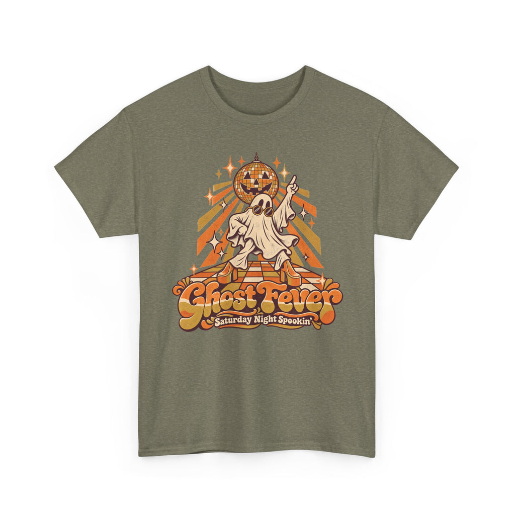 Olive green Halloween graphic t-shirt with dancing ghost, disco ball, and jack-o-lantern art