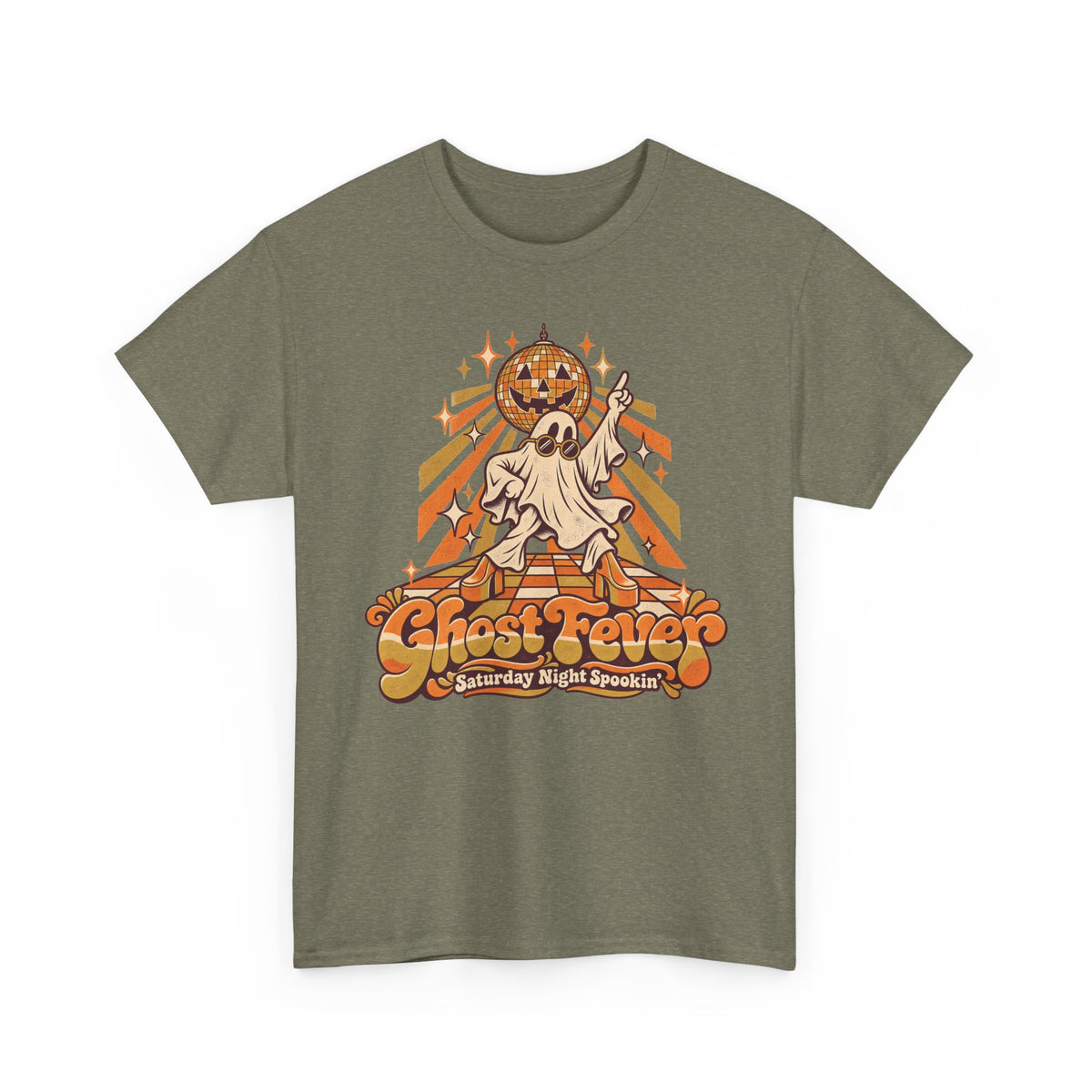 Olive green Halloween graphic t-shirt with dancing ghost, disco ball, and jack-o-lantern art