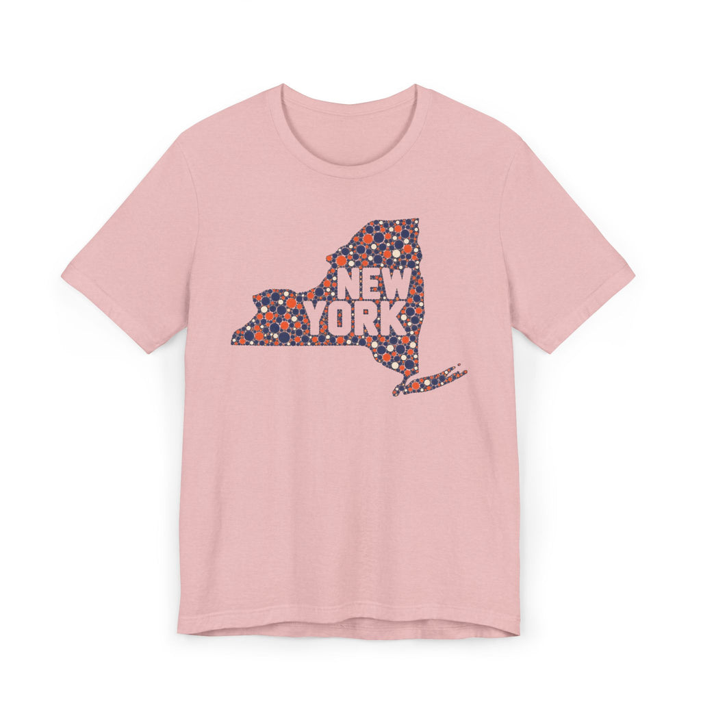 Pink short-sleeve t-shirt with colorful New York state outline graphic