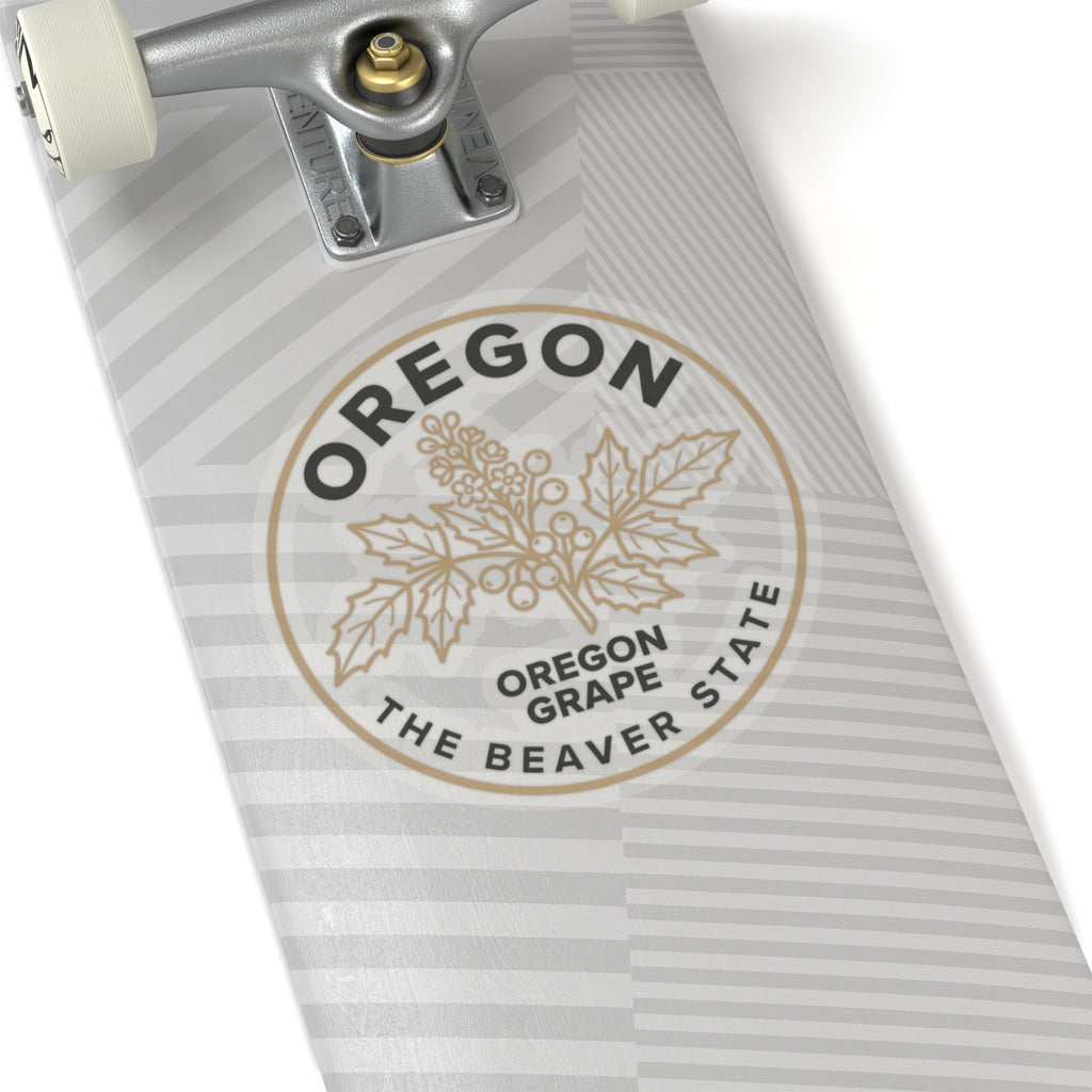 Circular transparent vinyl sticker with Oregon grape illustration and state text