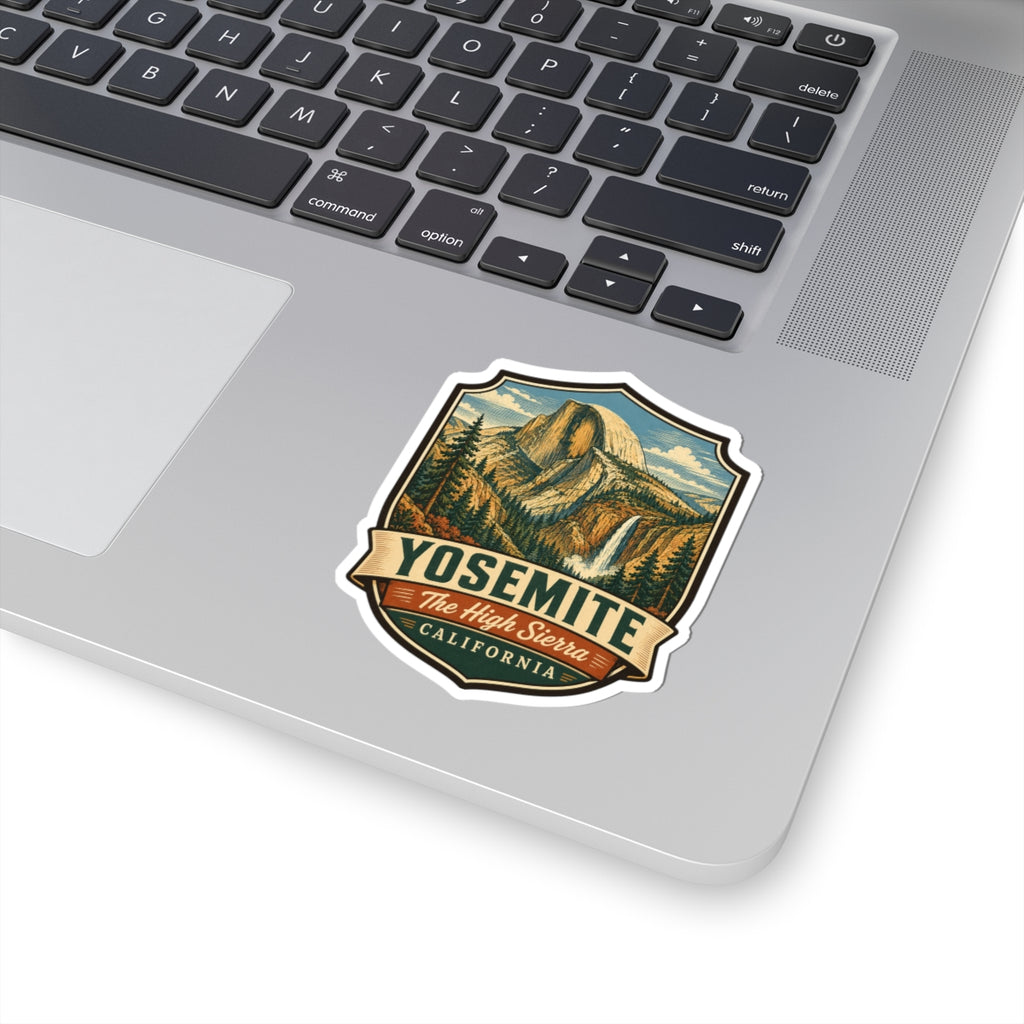 Yosemite travel decal on laptop keyboard, Half Dome shield with California banner