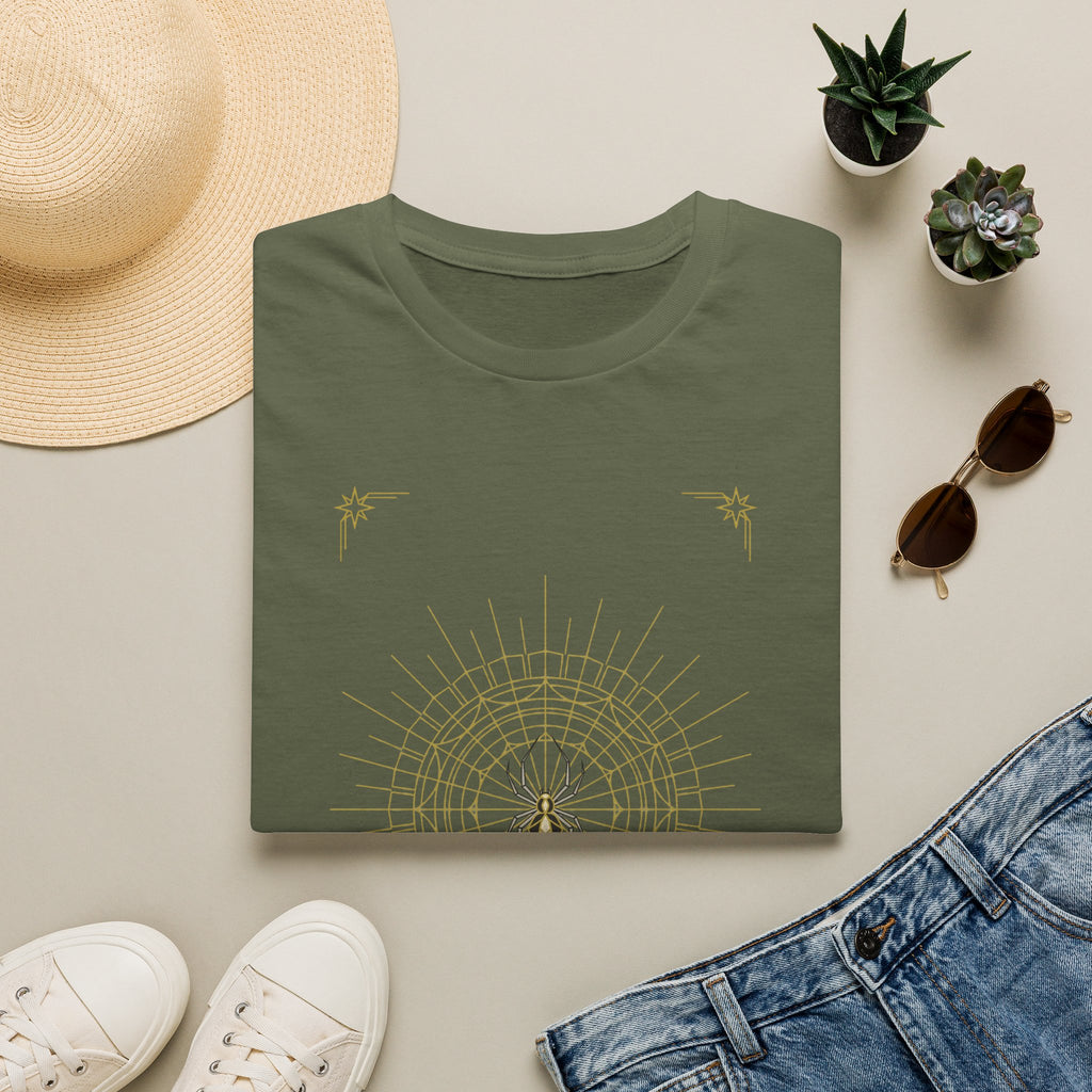 Olive green T-shirt with muted gold spider mandala web and star accents graphic