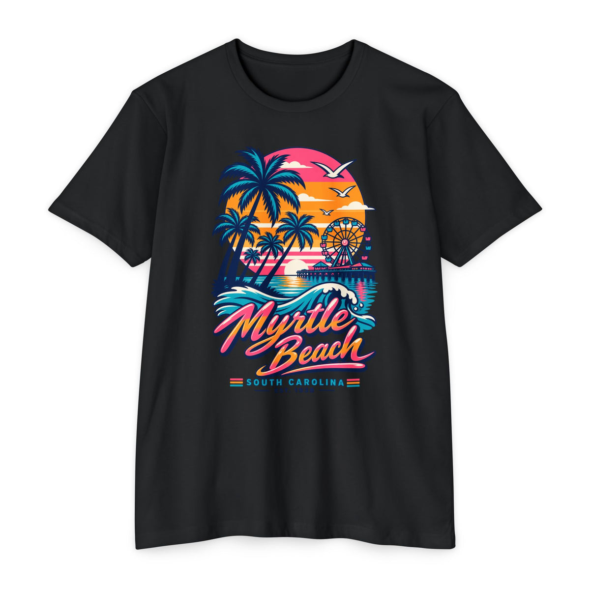 Black retro sunset T-shirt with colorful palm trees, ferris wheel, and “Myrtle Beach” print
