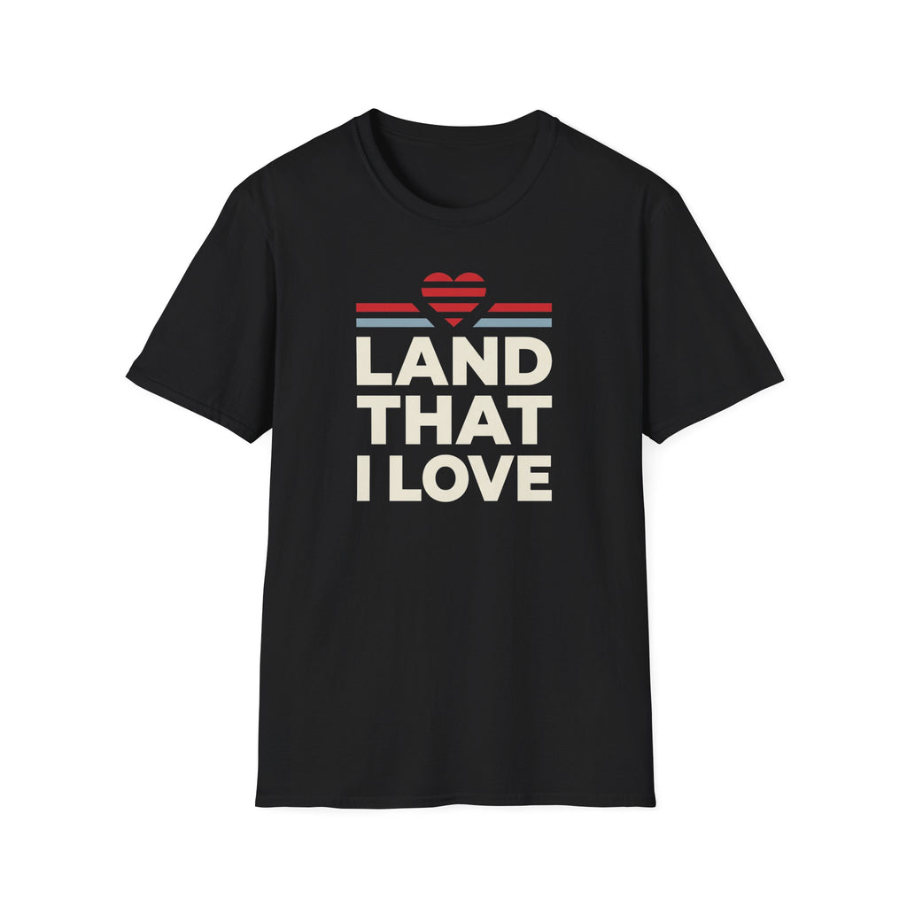 Black crewneck T-shirt with retro heart graphic and text 'LAND THAT I LOVE'